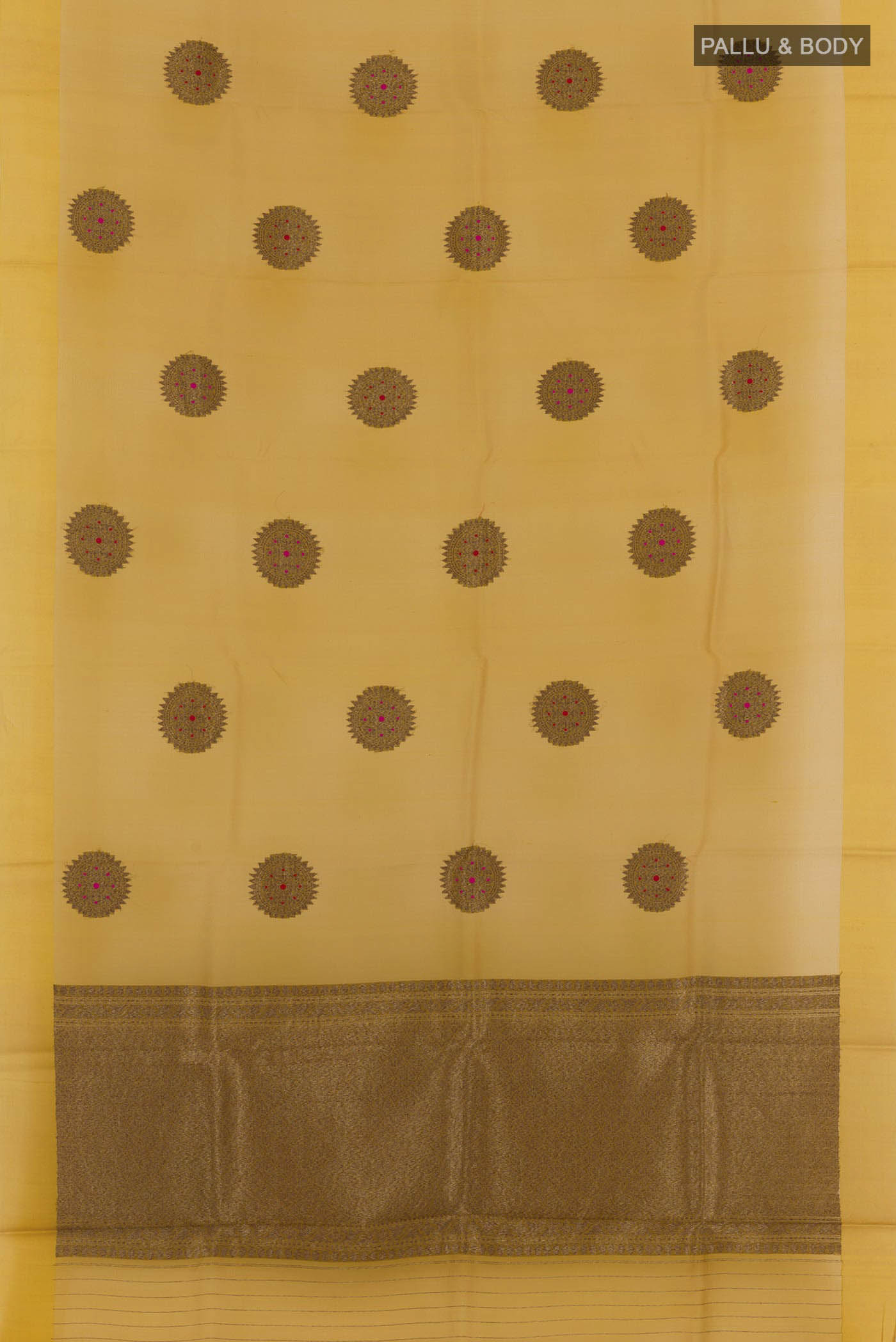 Flat view of Yellow Banarasi Kora Silk Saree with Zari Butta on the body and Plain Border. 