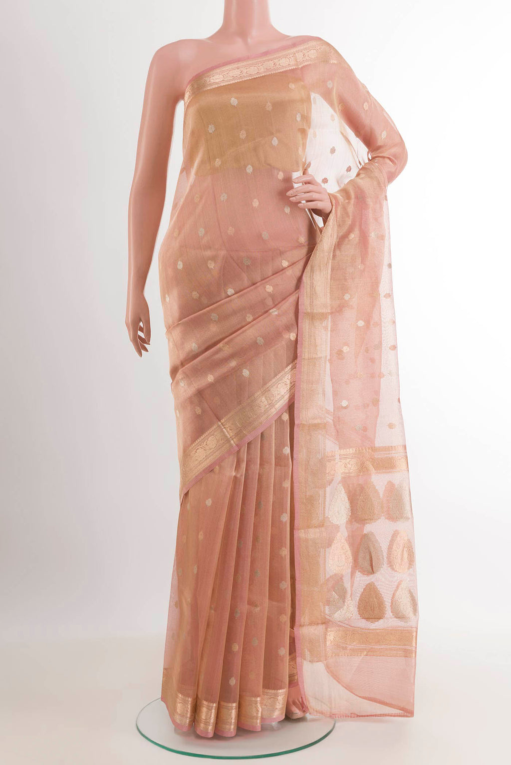 Pink Banarasi Kora Silk Saree with Zari Butta on the body and Zari Border.  displayed on a mannequin