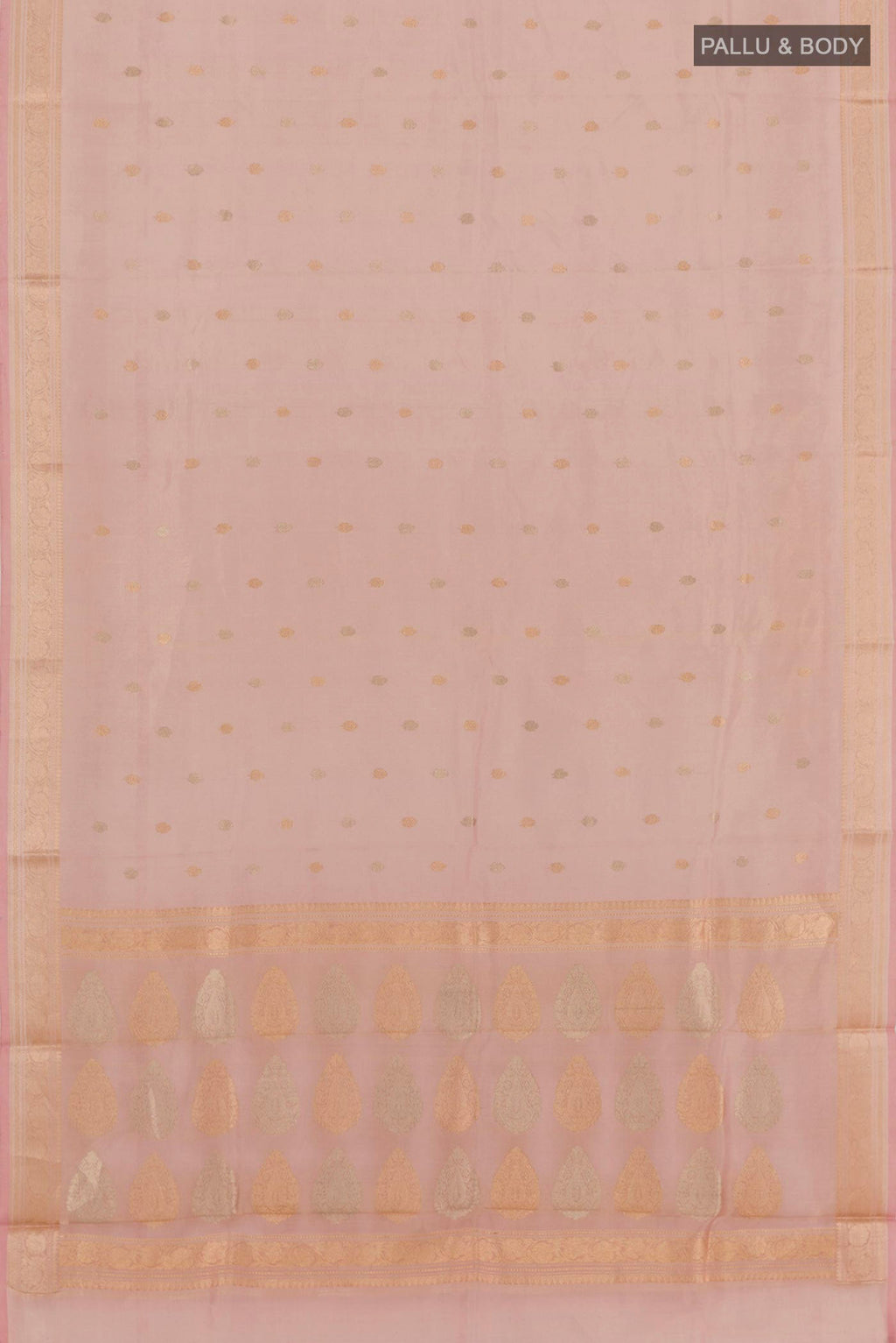 Flat view of Pink Banarasi Kora Silk Saree with Zari Butta on the body and Zari Border. 