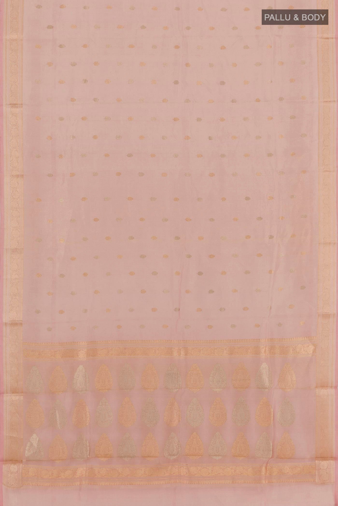 Flat view of Pink Banarasi Kora Silk Saree with Zari Butta on the body and Zari Border. 