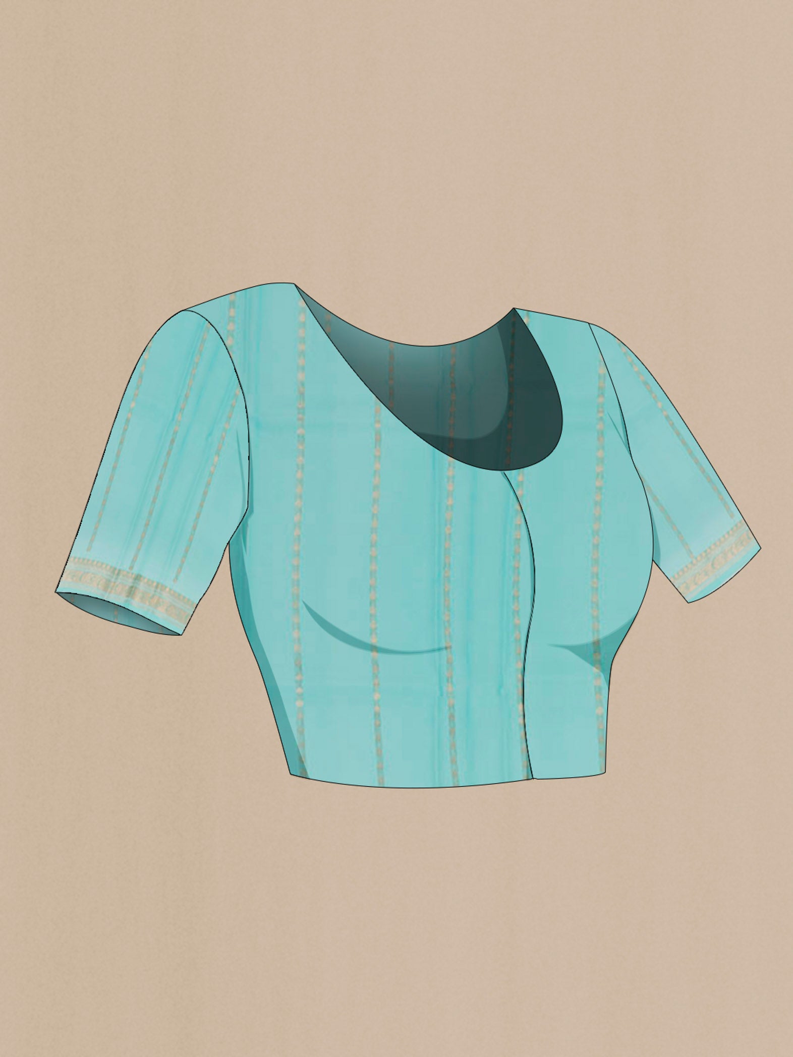 Close up image of the blouse of Blue Banarasi Kora Silk Saree with Zari Butta on the body and Zari Border. 