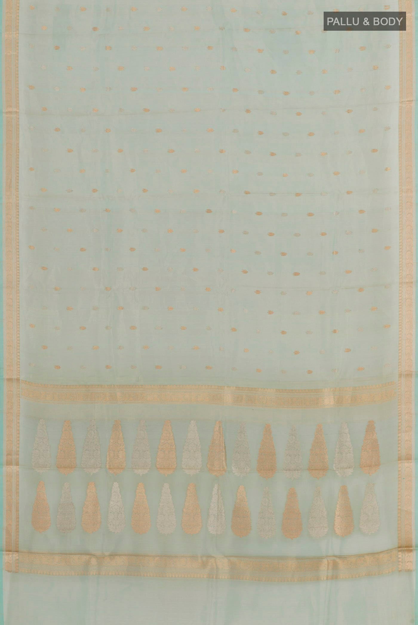 Flat view of Blue Banarasi Kora Silk Saree with Zari Butta on the body and Zari Border. 