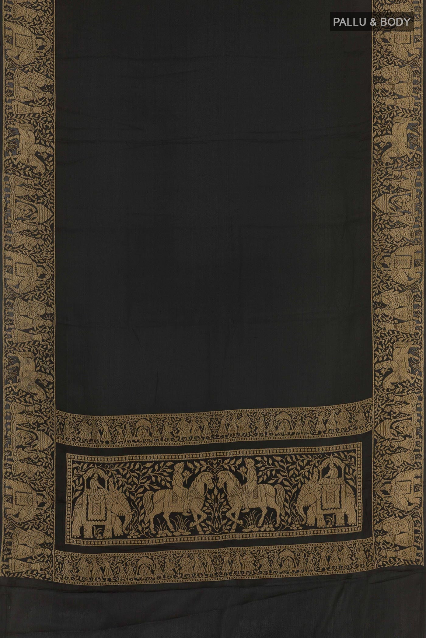 Flat view of Black Banarasi Georgette Saree with Plain Body and Plain Border. 
