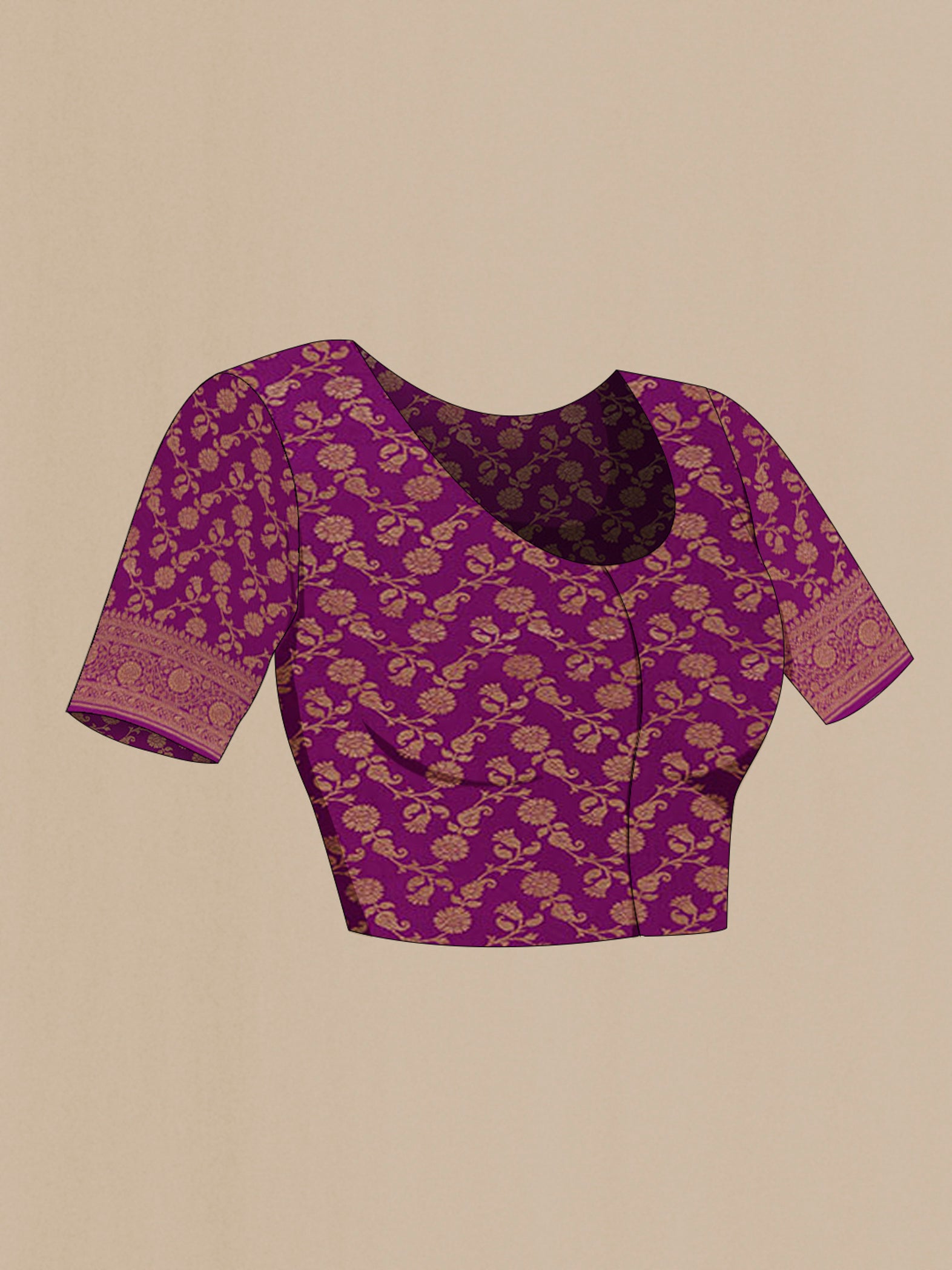 Close up image of the blouse of Purple Mysore Crepe Saree with Plain Body and Zari Border. 