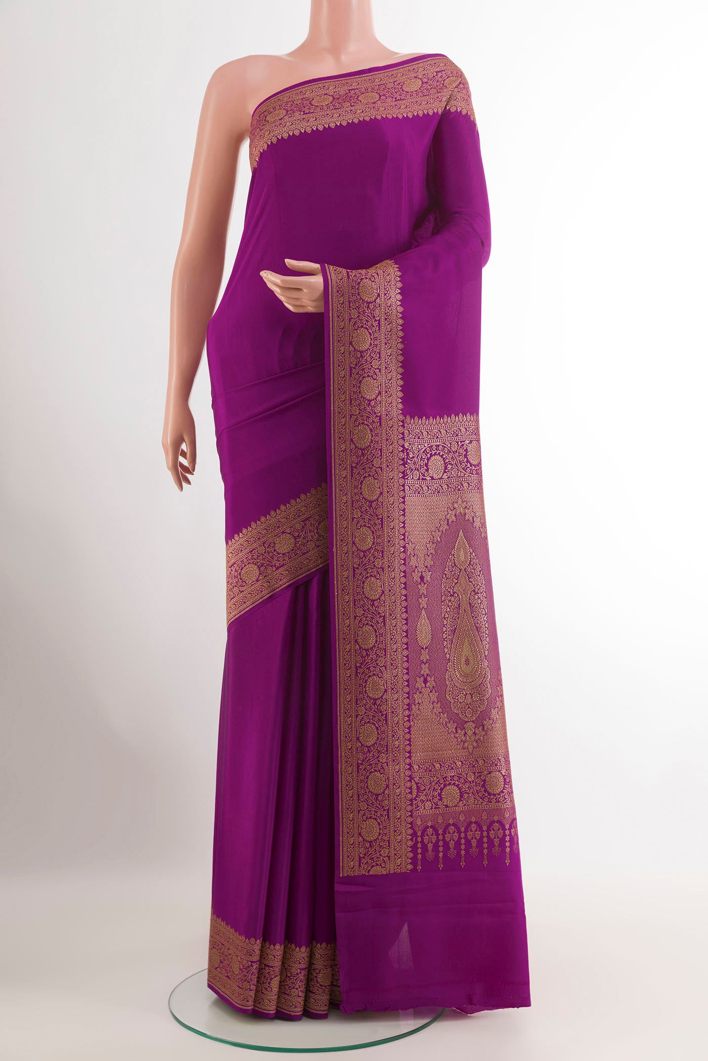 Purple Mysore Crepe Saree with Plain Body and Zari Border.  displayed on a mannequin