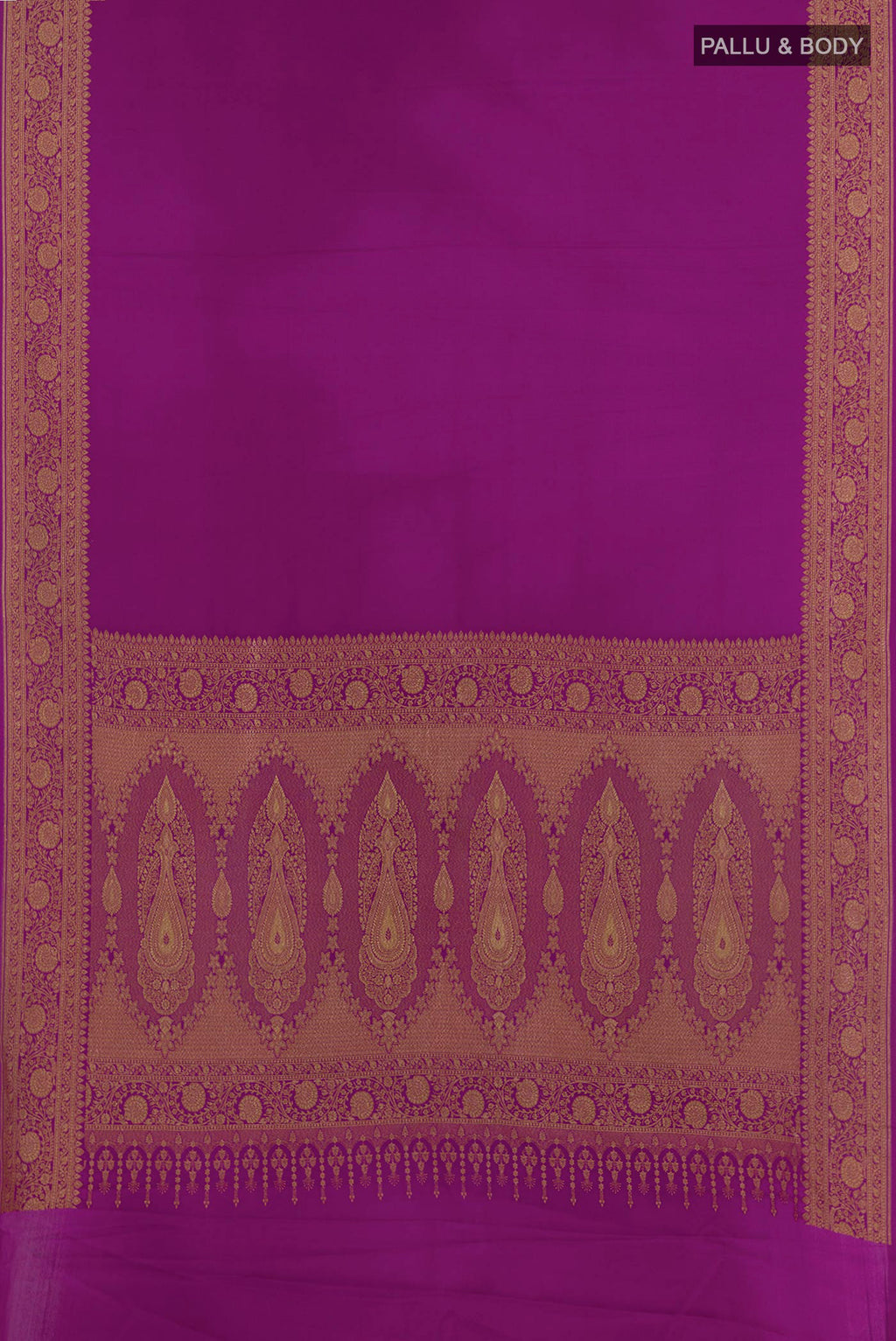 Flat view of Purple Mysore Crepe Saree with Plain Body and Zari Border. 