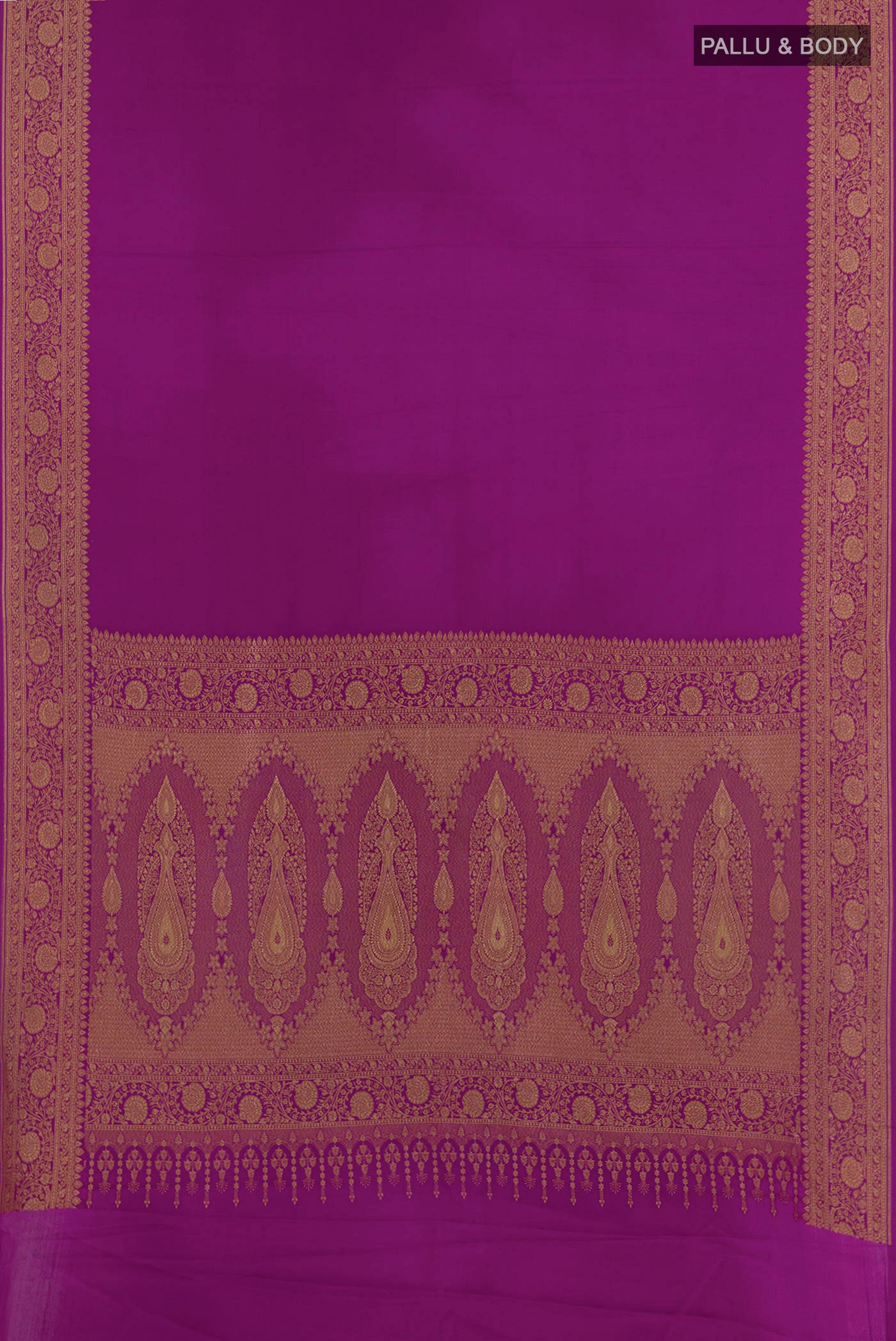 Flat view of Purple Mysore Crepe Saree with Plain Body and Zari Border. 