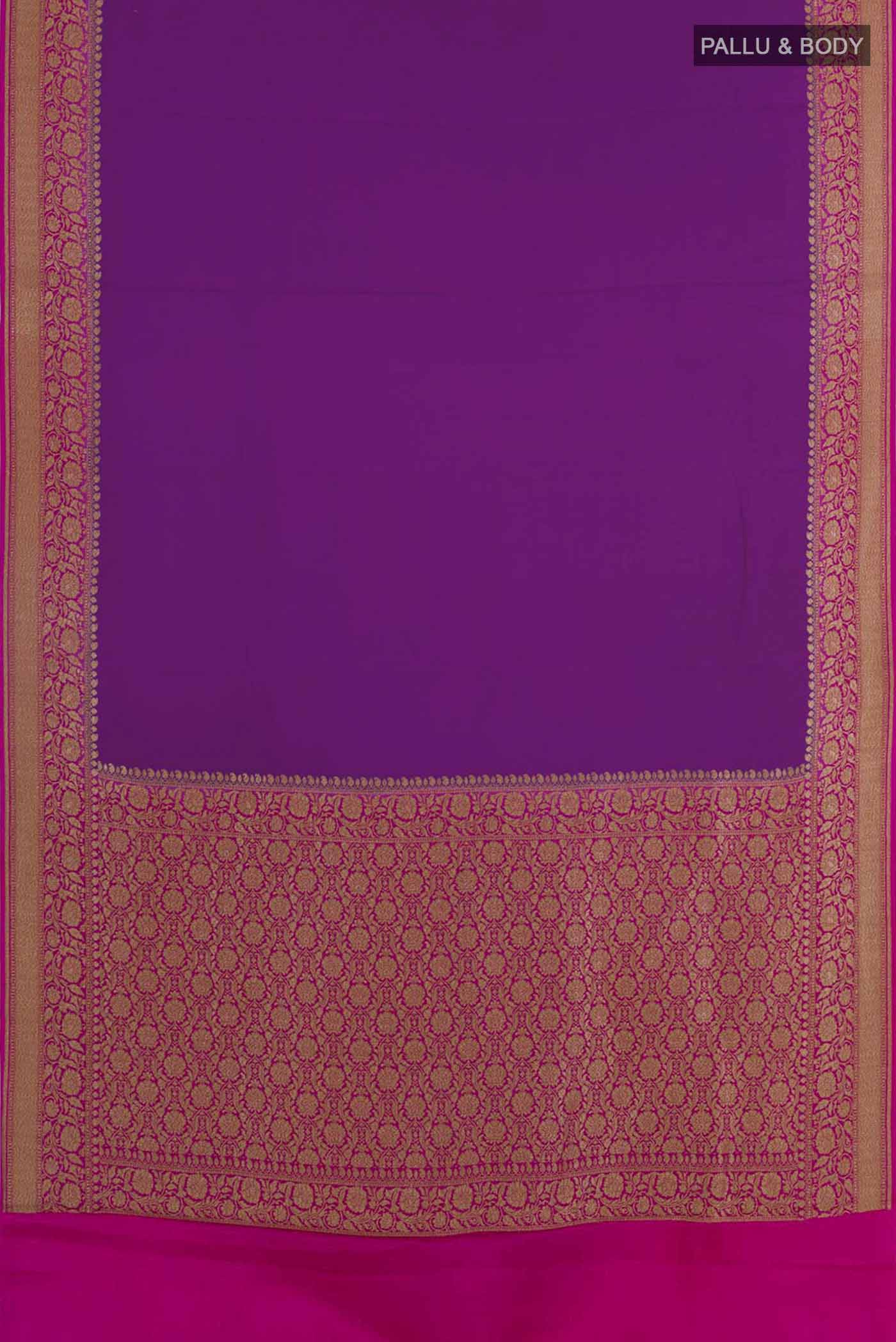 Flat view of Purple Banarasi Georgette Saree with Plain Body and Zari Border. 