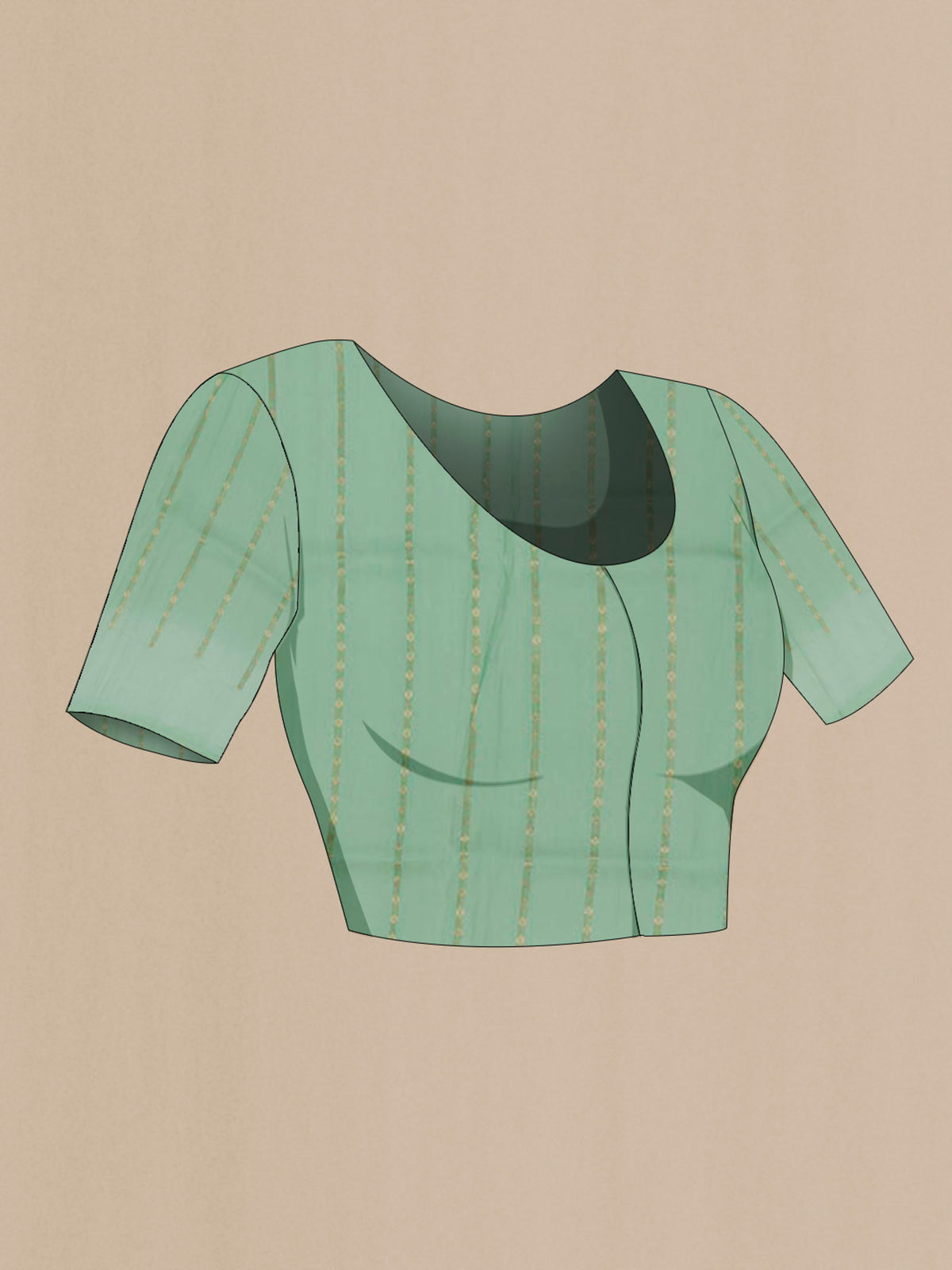 Close up image of the blouse of Sea Green Banarasi Kora Silk Saree with Zari Butta on the body and Zari Border. 