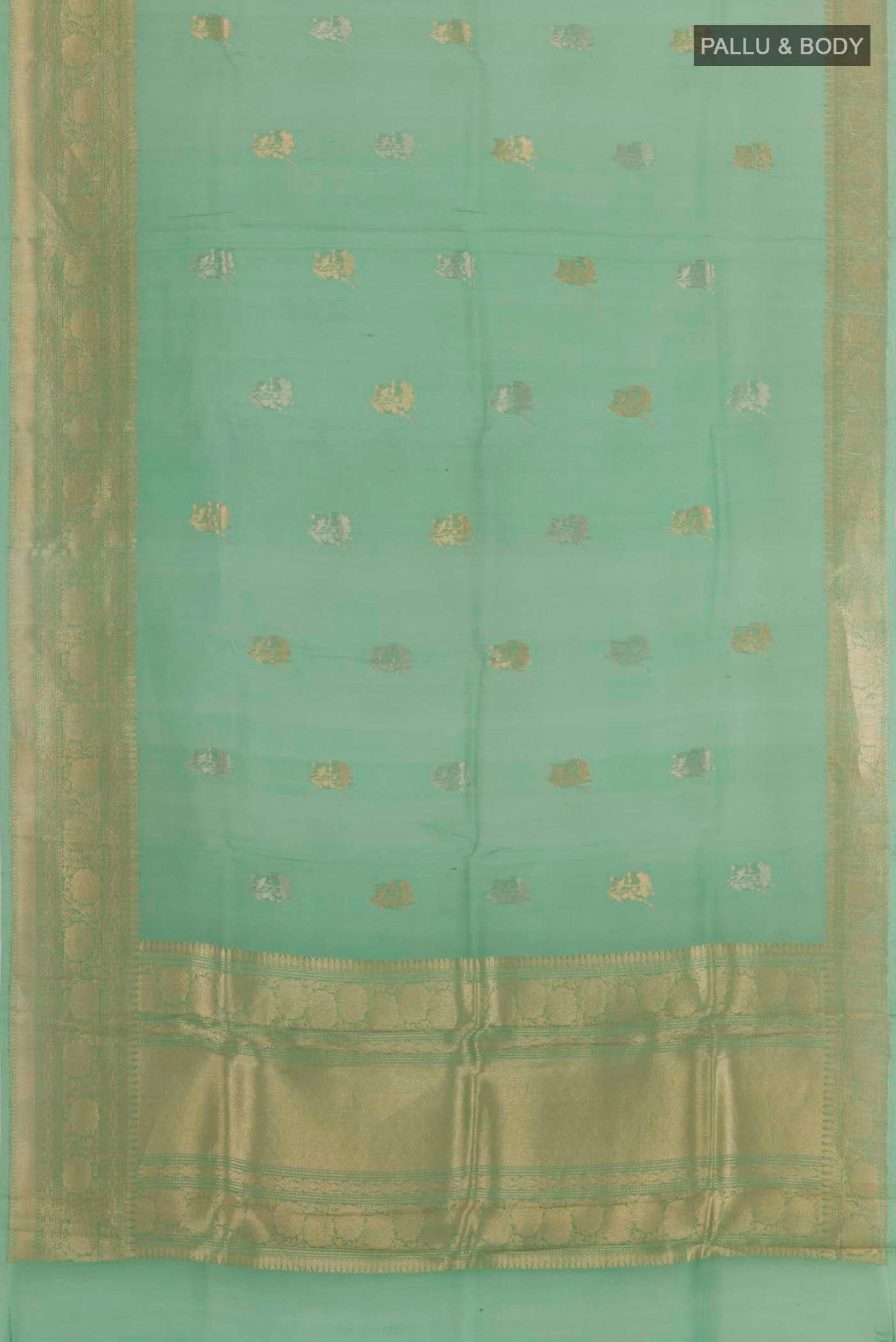 Flat view of Sea Green Banarasi Kora Silk Saree with Zari Butta on the body and Zari Border. 