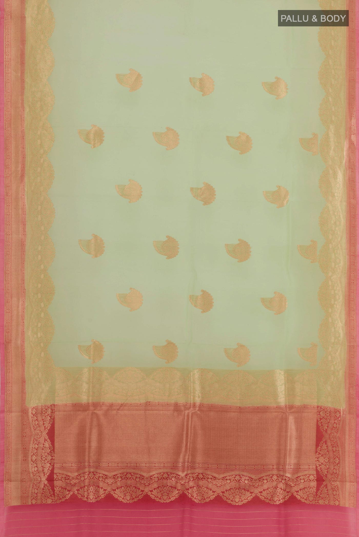 Flat view of Green Banarasi Kora Silk Saree with Zari Butta on the body and Zari Border. 