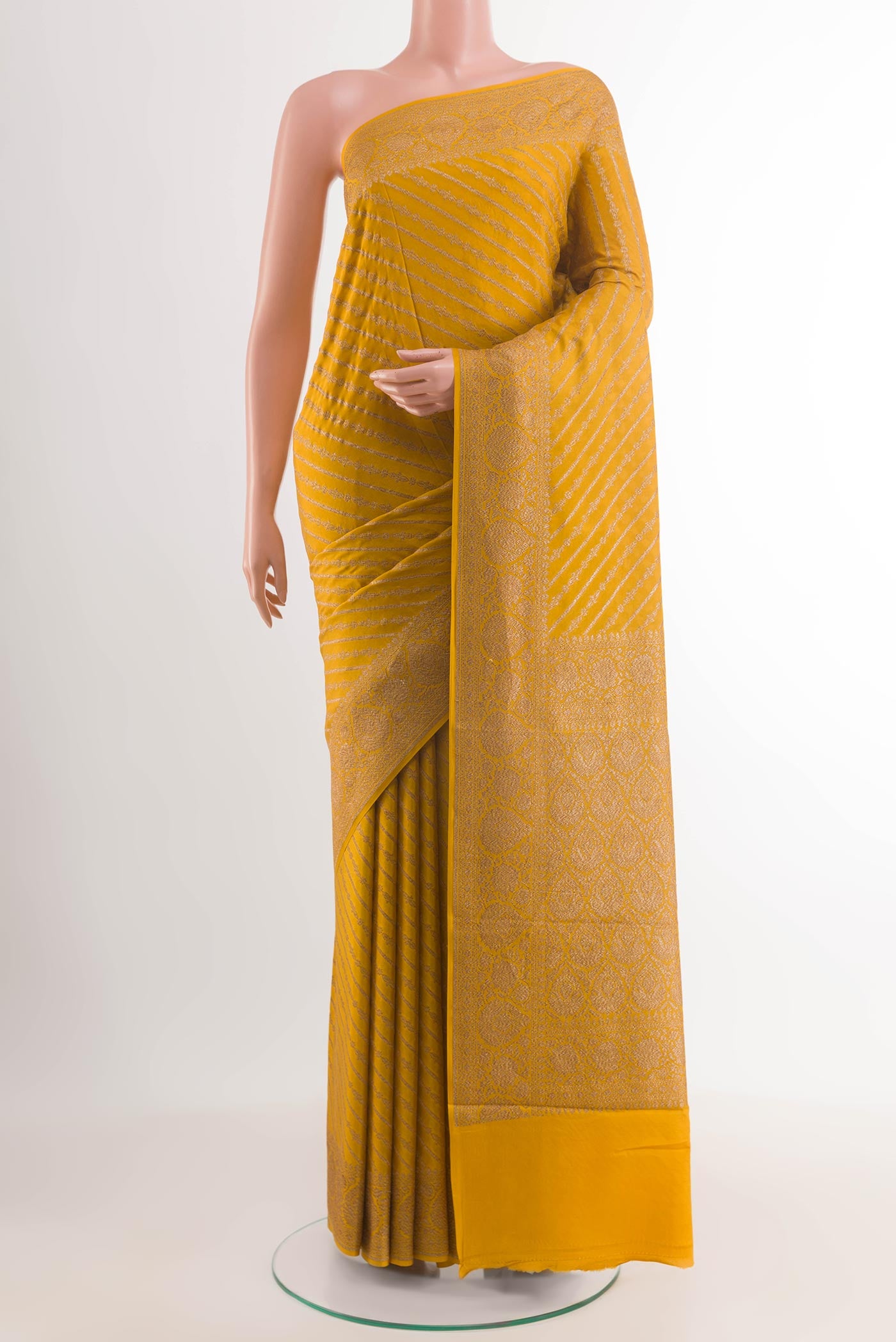 Yellow Banarasi Georgette Saree with Stripes on the body and Plain Border.  displayed on a mannequin