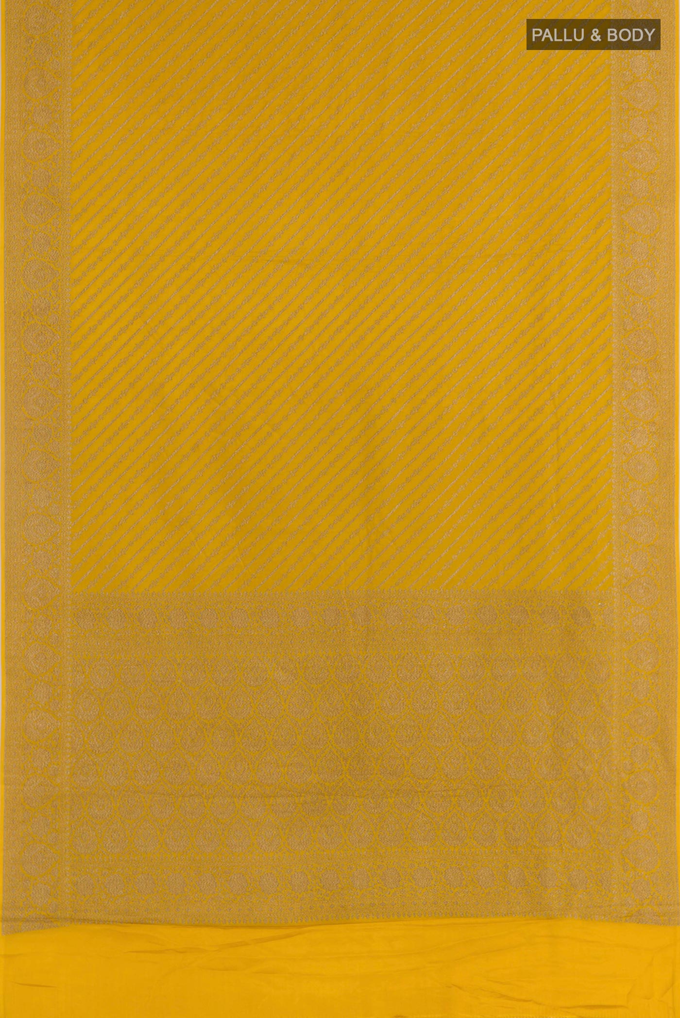 Flat view of Yellow Banarasi Georgette Saree with Stripes on the body and Plain Border. 
