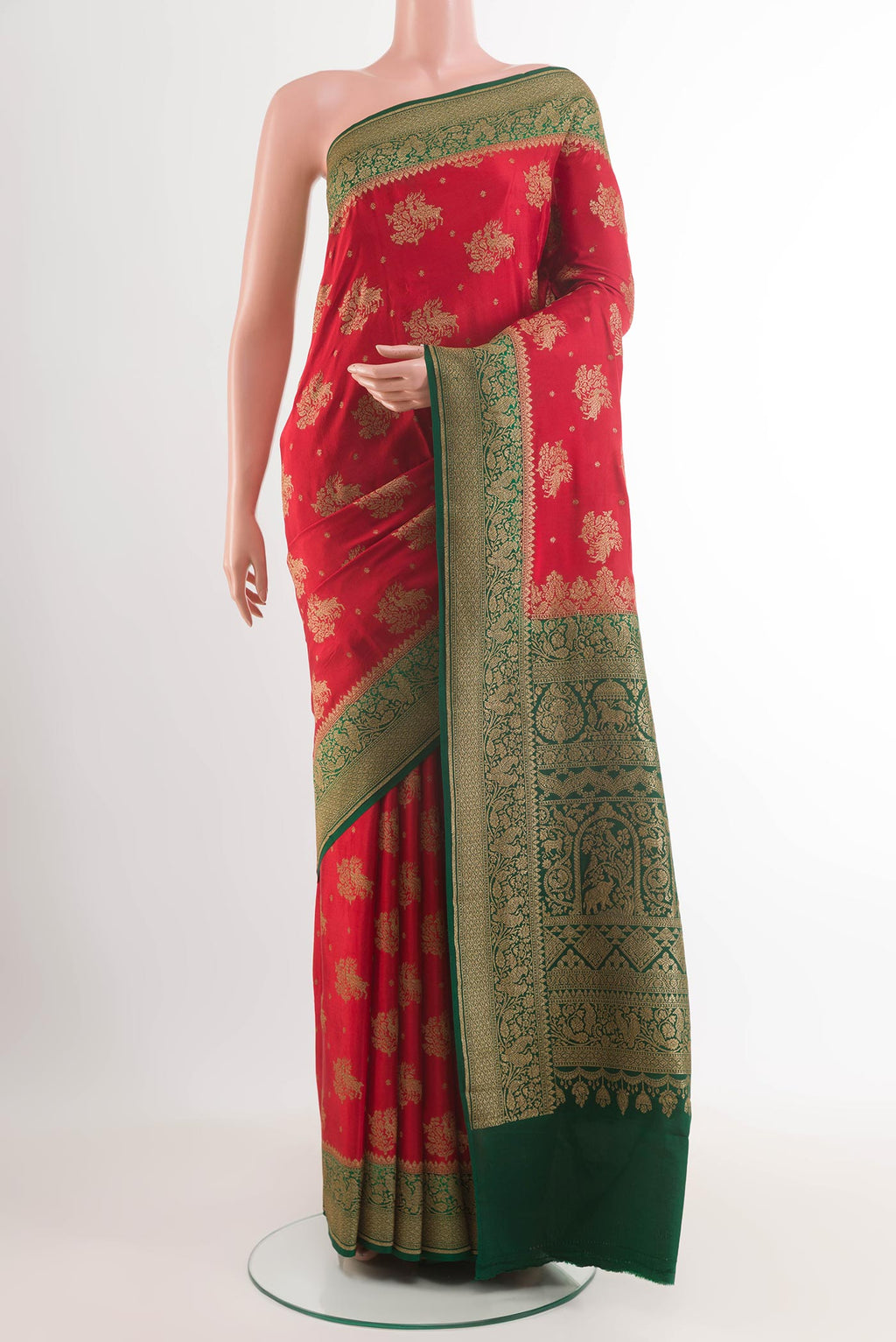 Red Banarasi Georgette Saree with Zari Butta on the body and Plain Border.  displayed on a mannequin