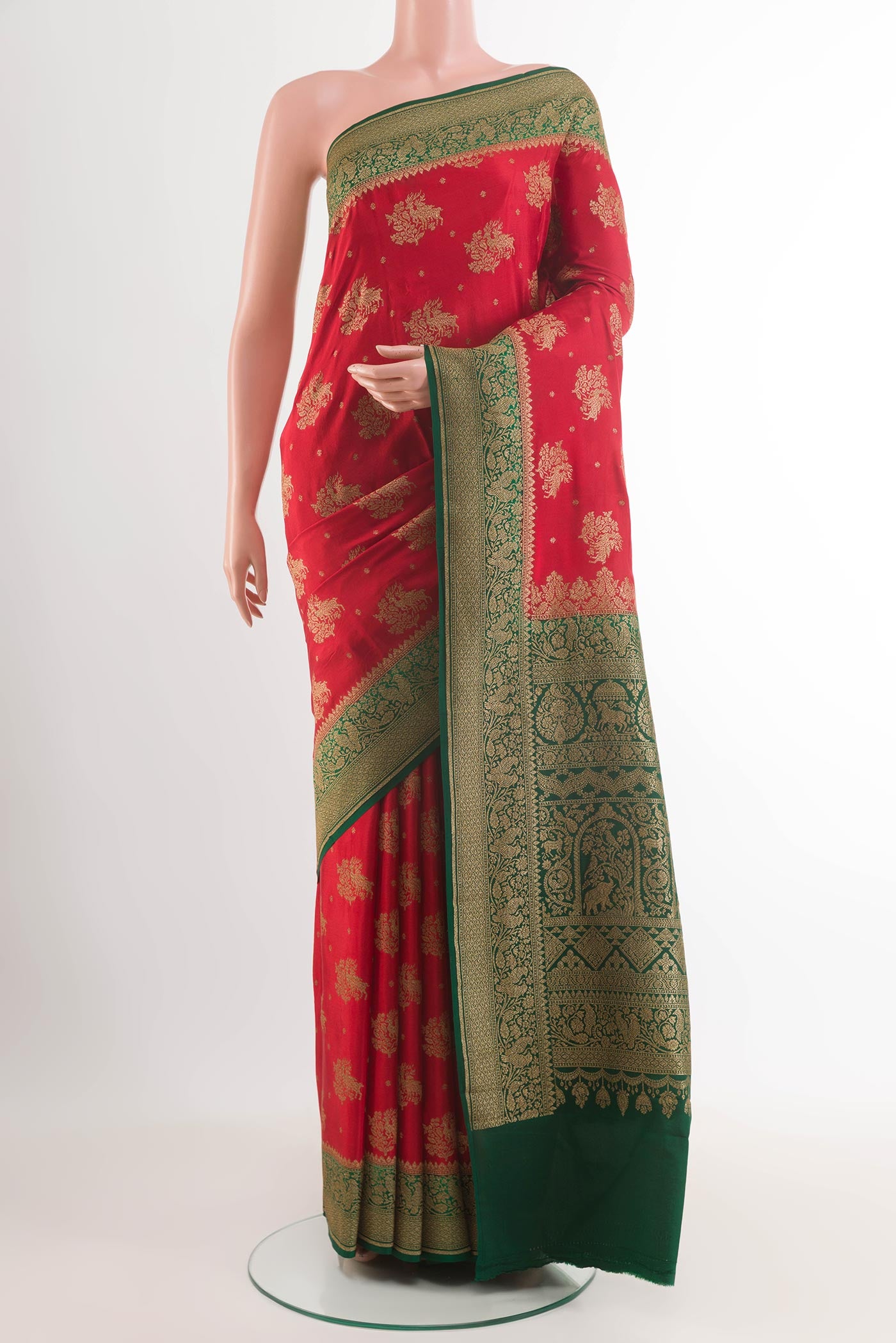 Red Banarasi Georgette Saree with Zari Butta on the body and Plain Border.  displayed on a mannequin