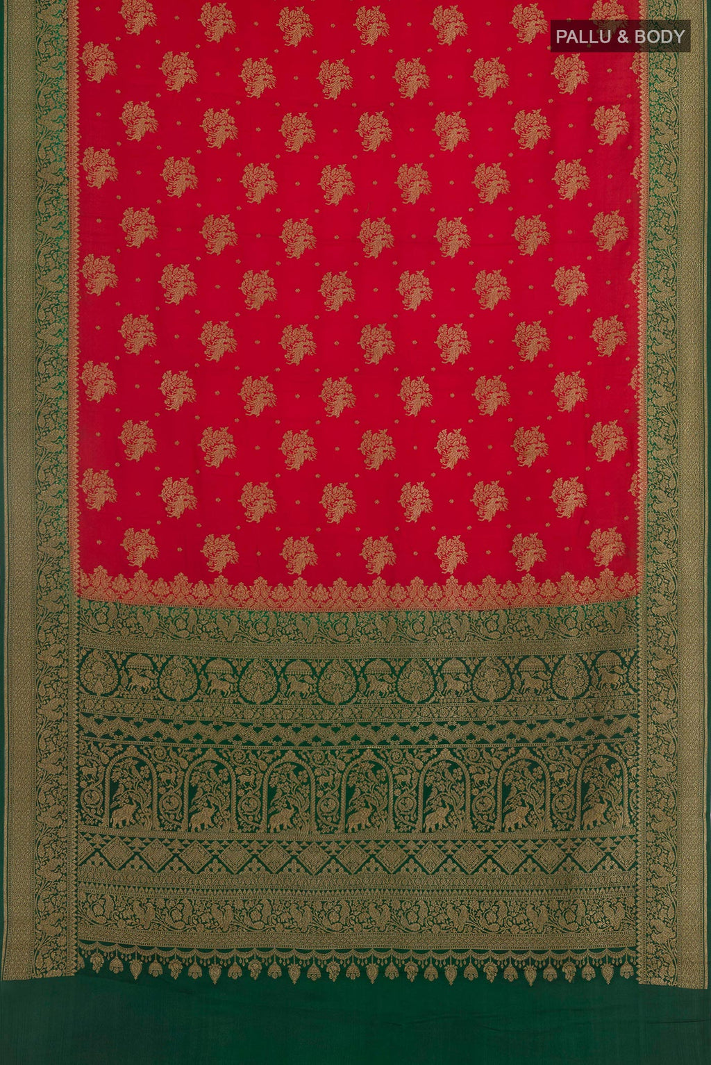 Flat view of Red Banarasi Georgette Saree with Zari Butta on the body and Plain Border. 