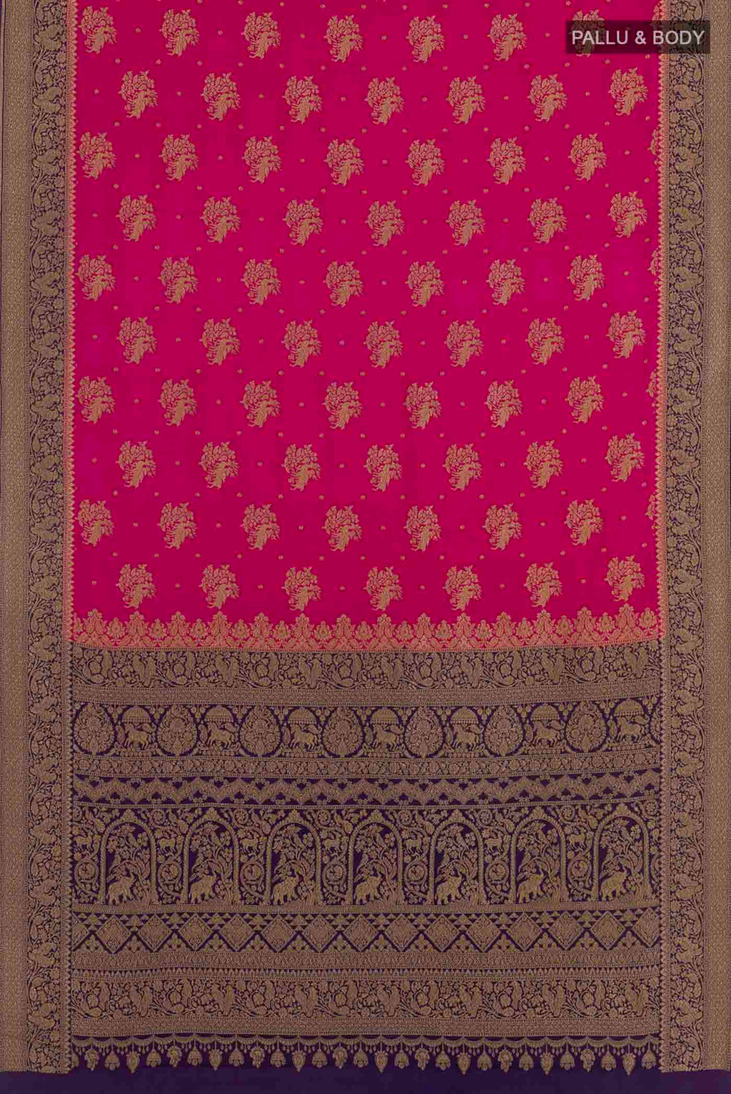Flat view of Pink Mysore Crepe Saree with Zari Butta on the body and Zari Border. 