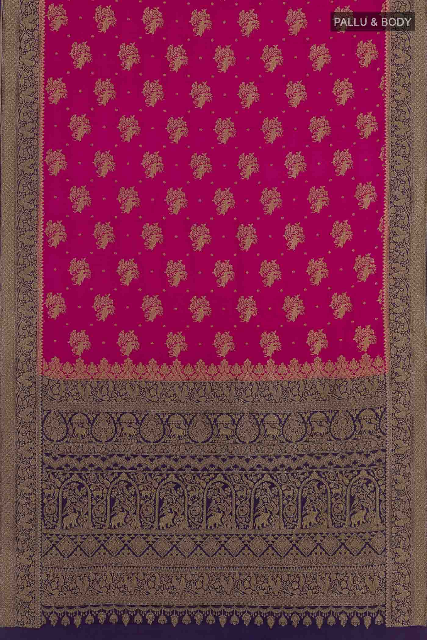 Flat view of Pink Mysore Crepe Saree with Zari Butta on the body and Zari Border. 