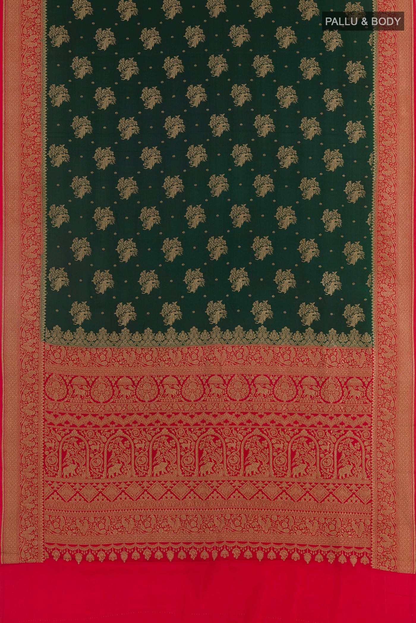 Flat view of Green Banarasi Georgette Saree with Zari Butta on the body and Plain Border. 
