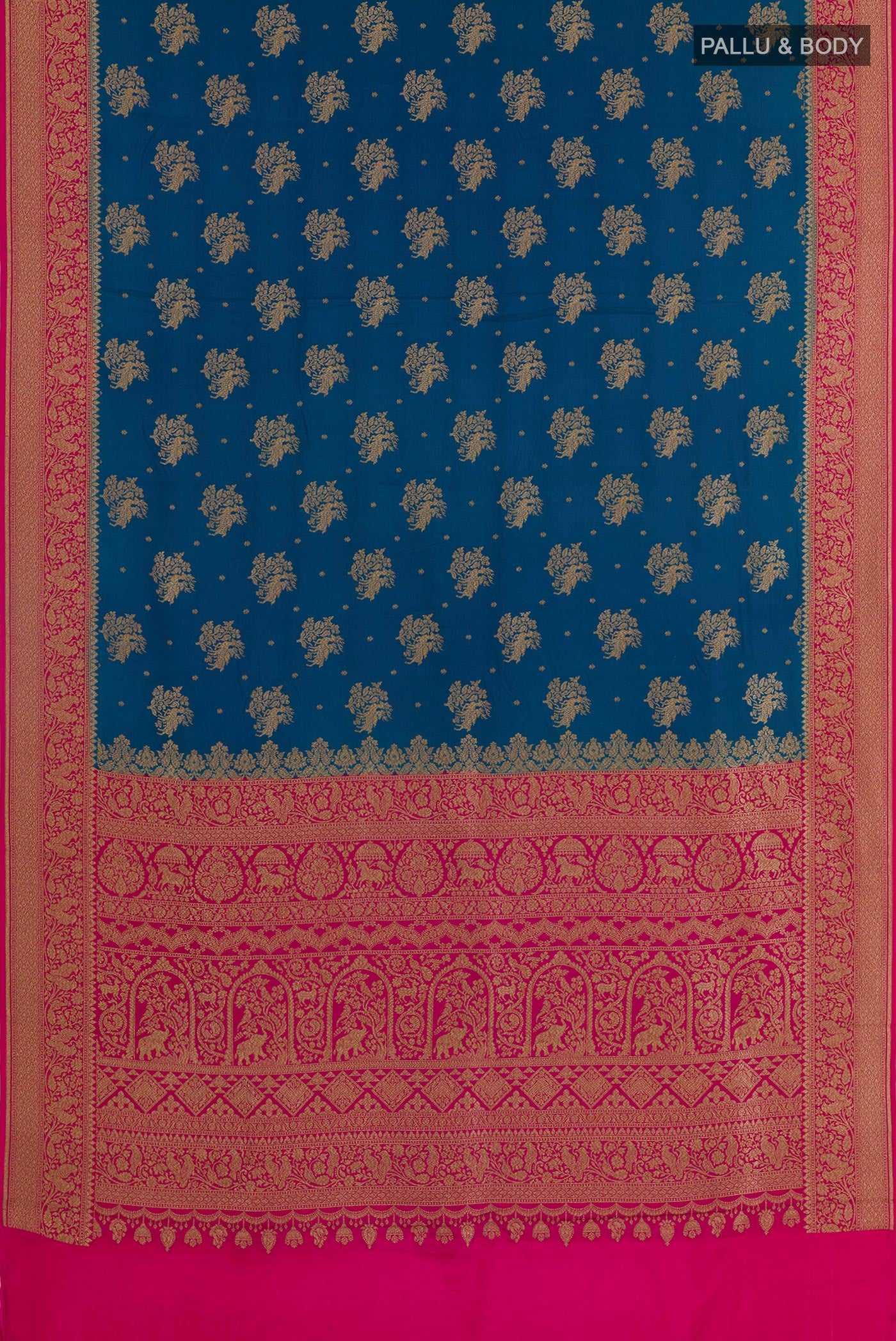 Flat view of Blue Banarasi Georgette Saree with Zari Butta on the body and Plain Border. 