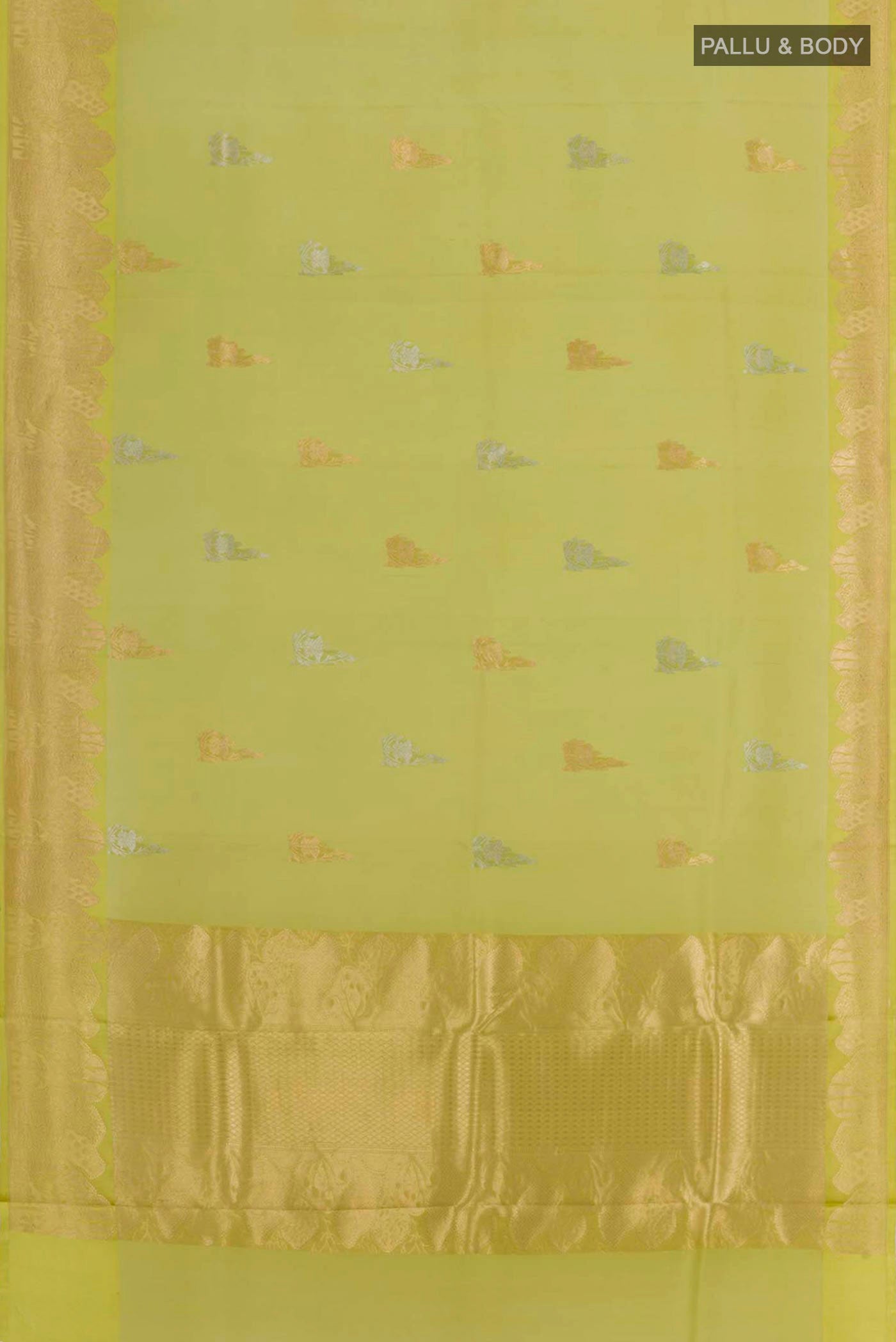 Flat view of Green Banarasi Kora Silk Saree with Zari Butta on the body and Zari Border. 