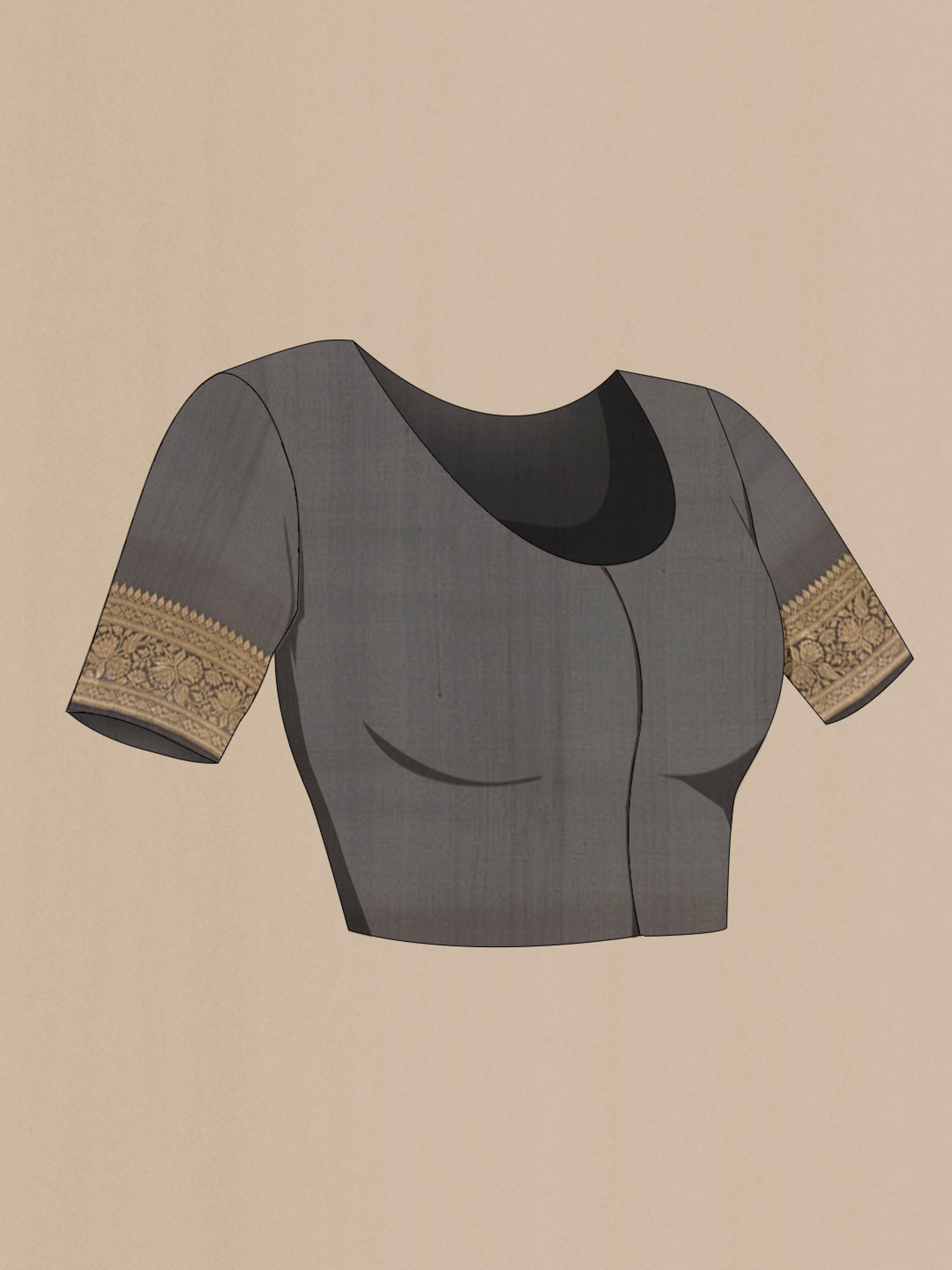Close up image of the blouse of Black Banarasi Kora Silk Saree with Zari Butta on the body and Zari Border. 