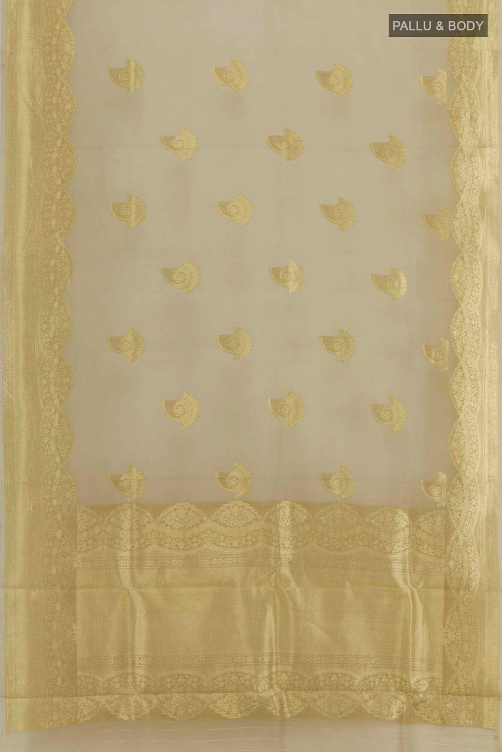 Flat view of Beige Banarasi Kora Silk Saree with Zari Butta on the body and Zari Border. 