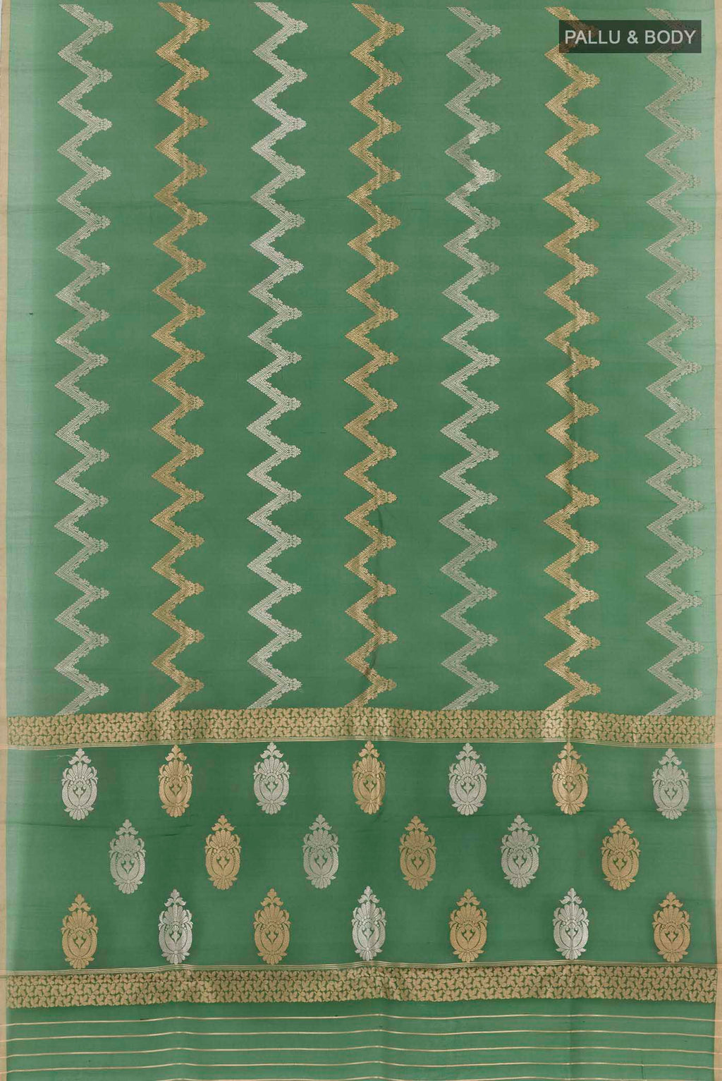Flat view of Green Banarasi Kora Silk Saree with Zari Butta on the body and Plain Border. 