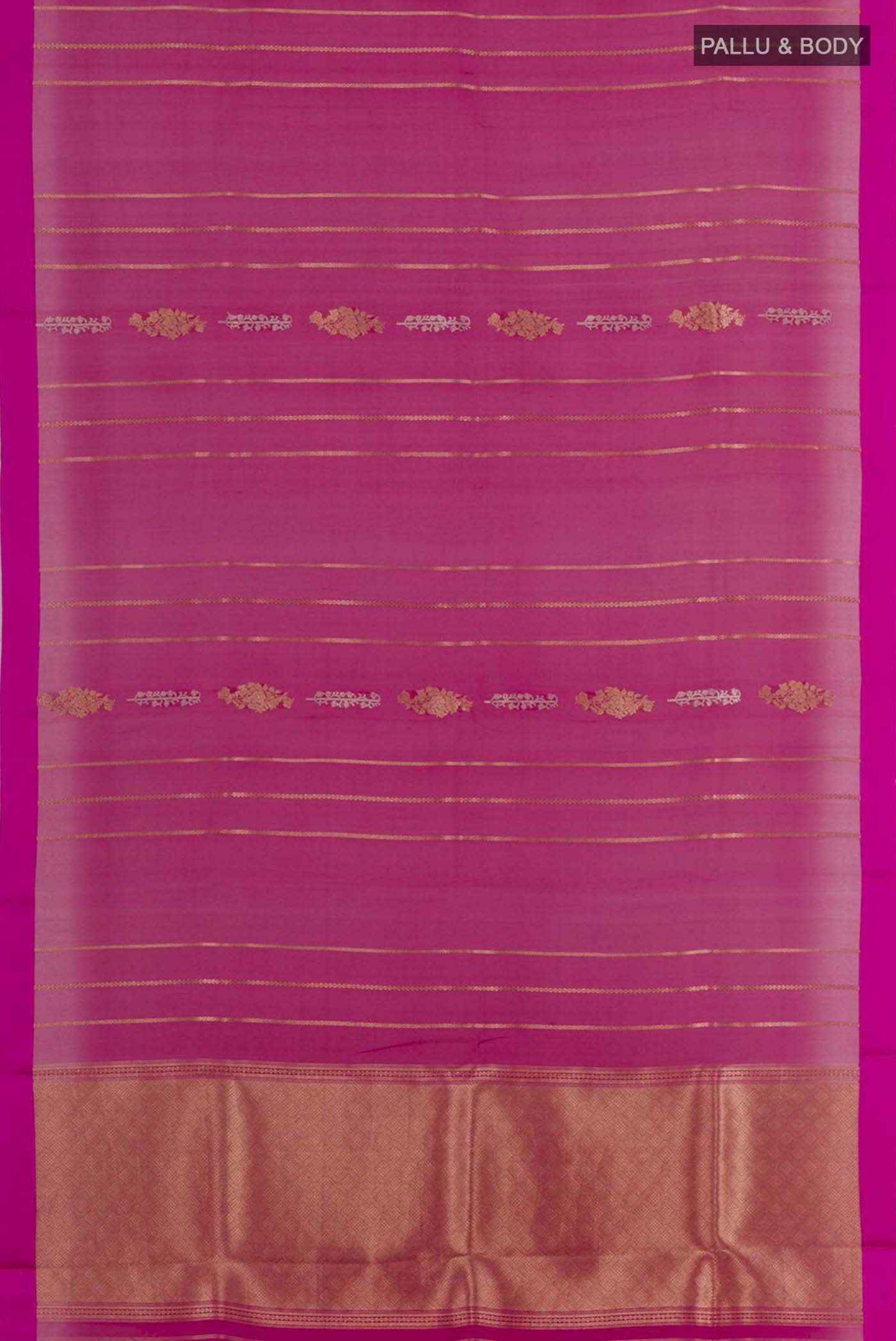 Flat view of Rani Pink Banarasi Kora Silk Saree with Zari Butta on the body and Zari Border. 