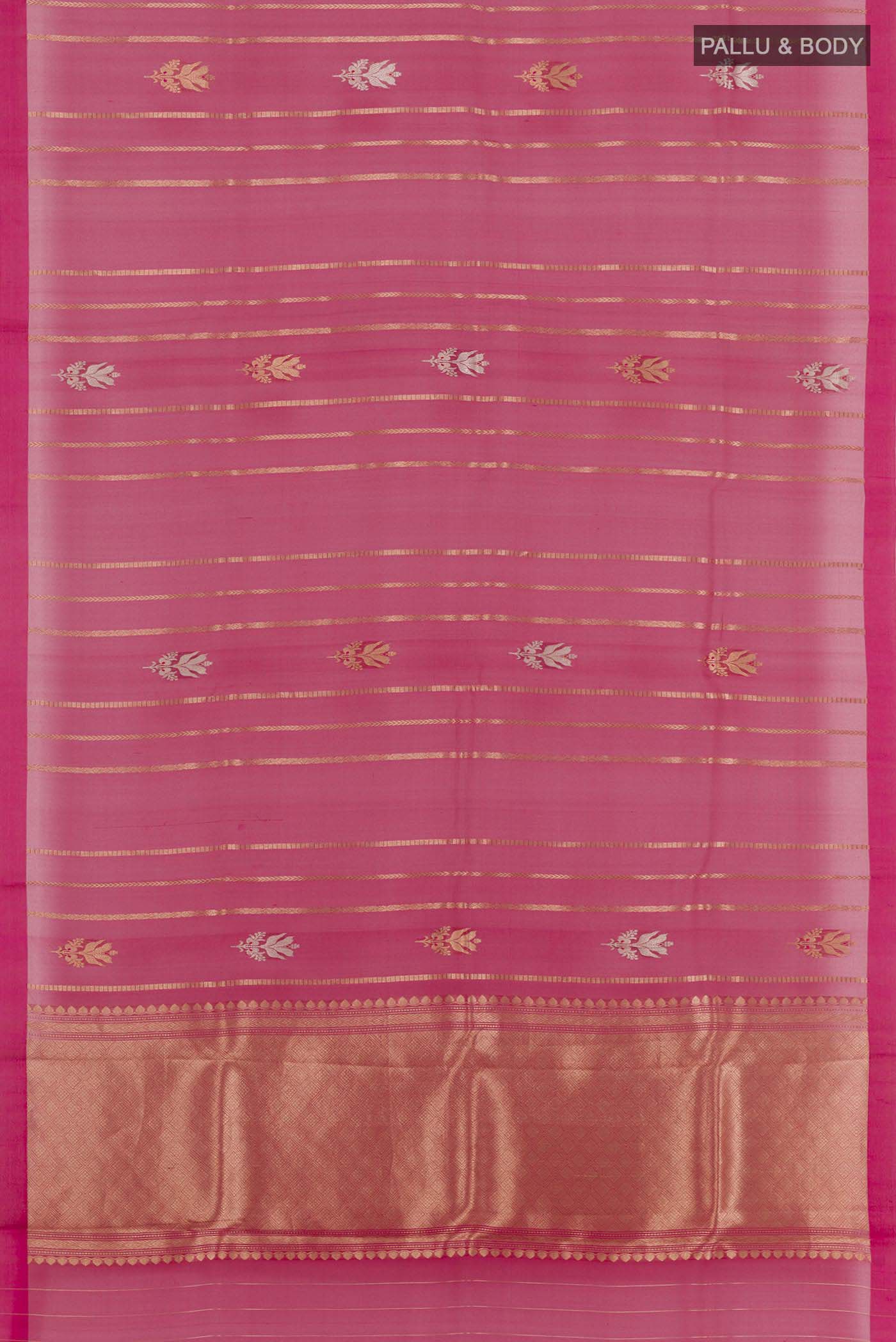 Flat view of Red Banarasi Kora Silk Saree with Stripes on the body and Plain Border. 