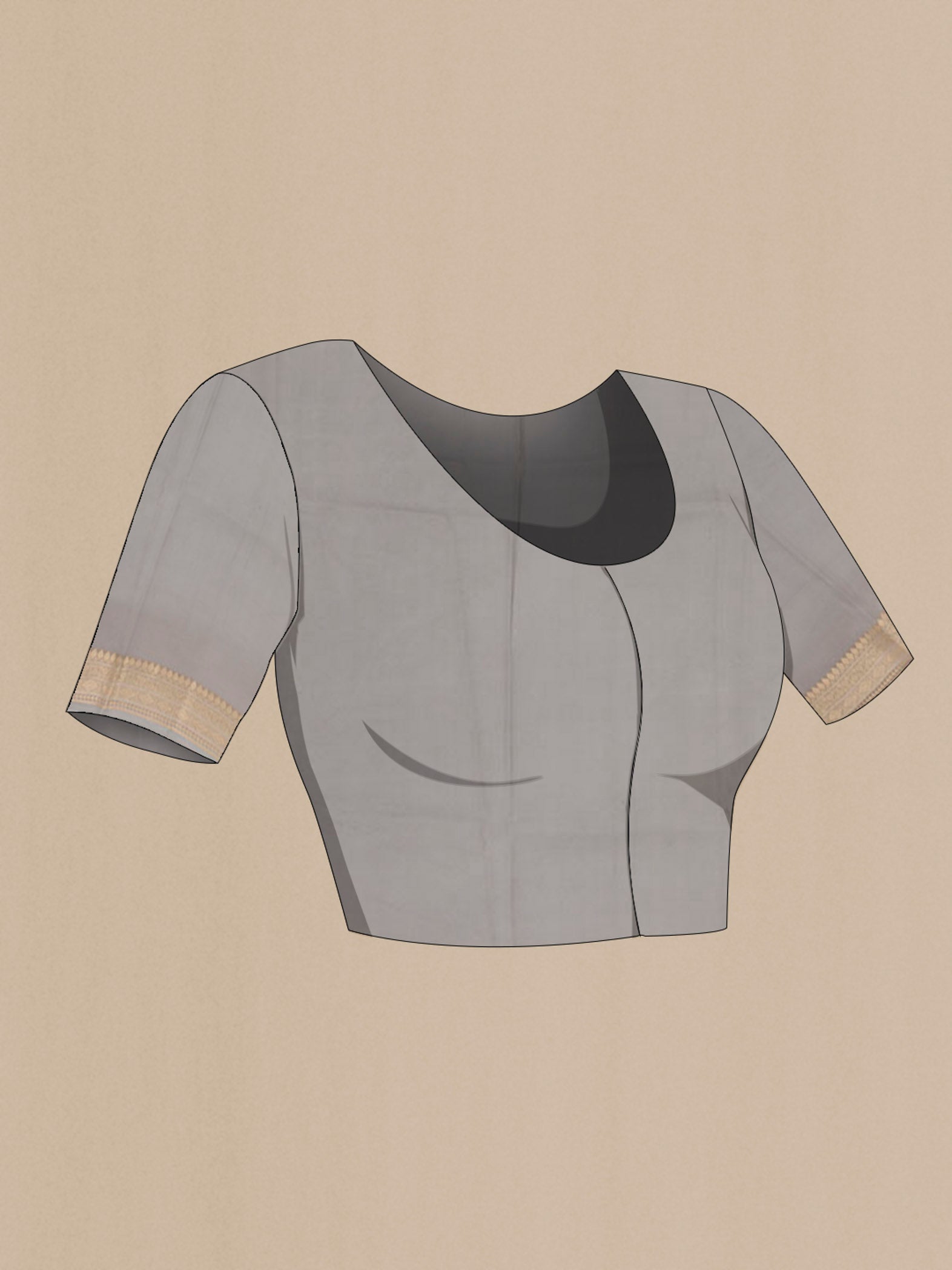 Close up image of the blouse of Grey Banarasi Kora Silk Saree with Zari Butta on the body and Zari Border. 