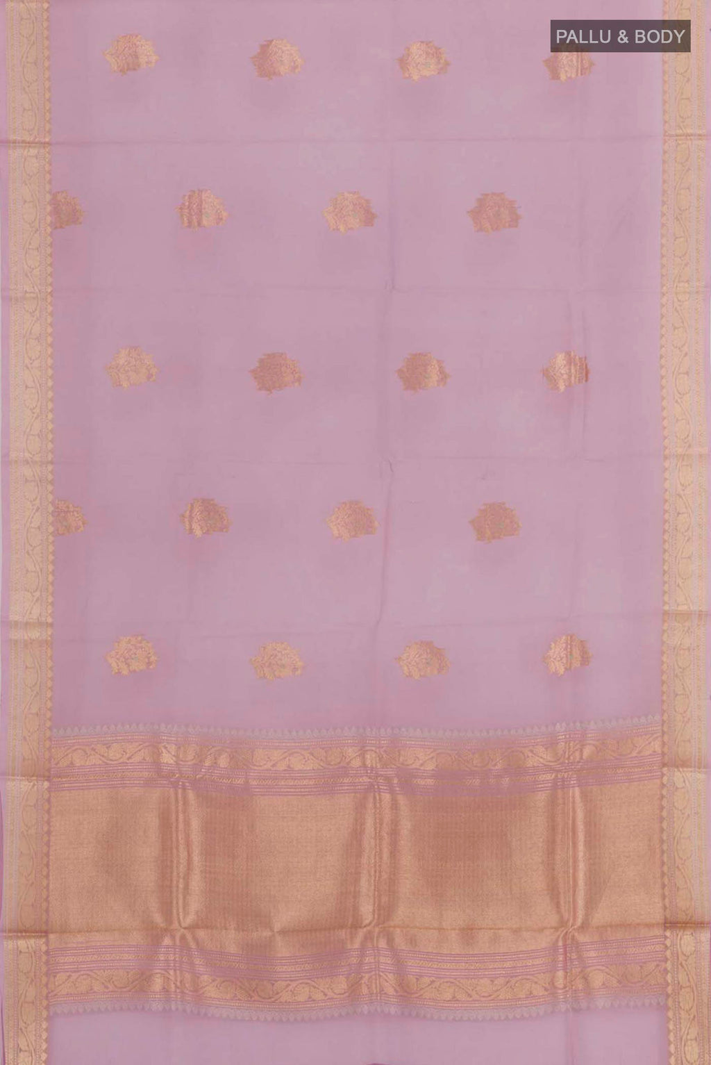 Flat view of Lavender Banarasi Kora Silk Saree with Zari Butta on the body and Zari Border. 