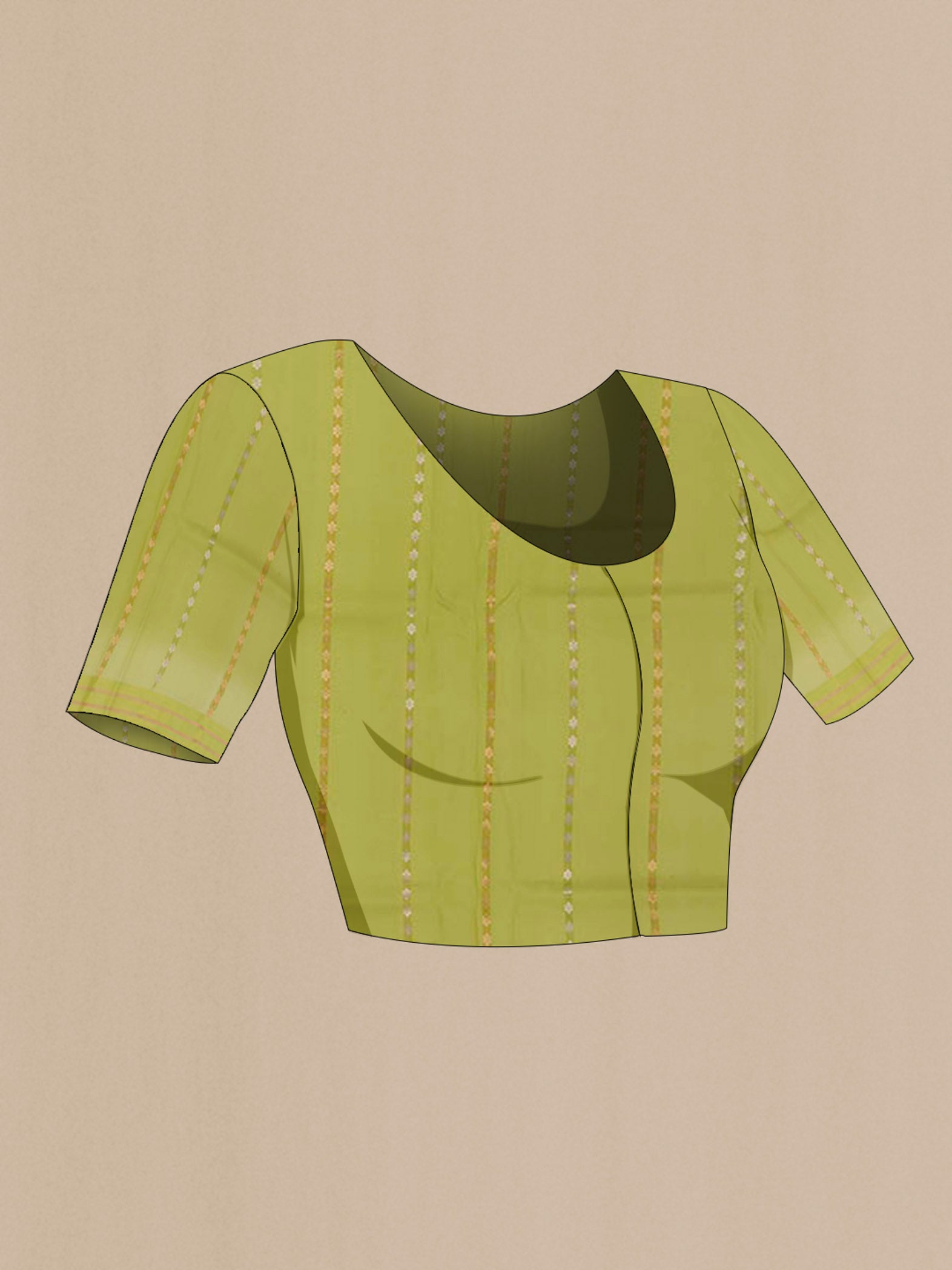 Close up image of the blouse of Green Banarasi Kora Silk Saree with Zari Butta on the body and Zari Border. 