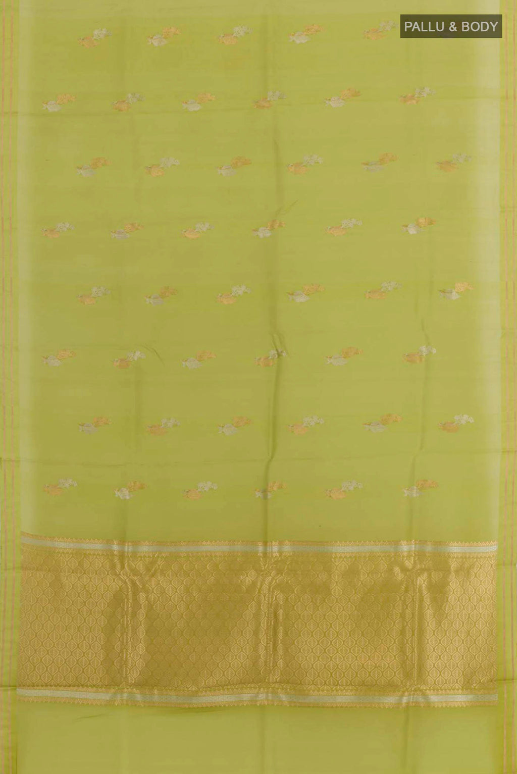Flat view of Green Banarasi Kora Silk Saree with Zari Butta on the body and Zari Border. 