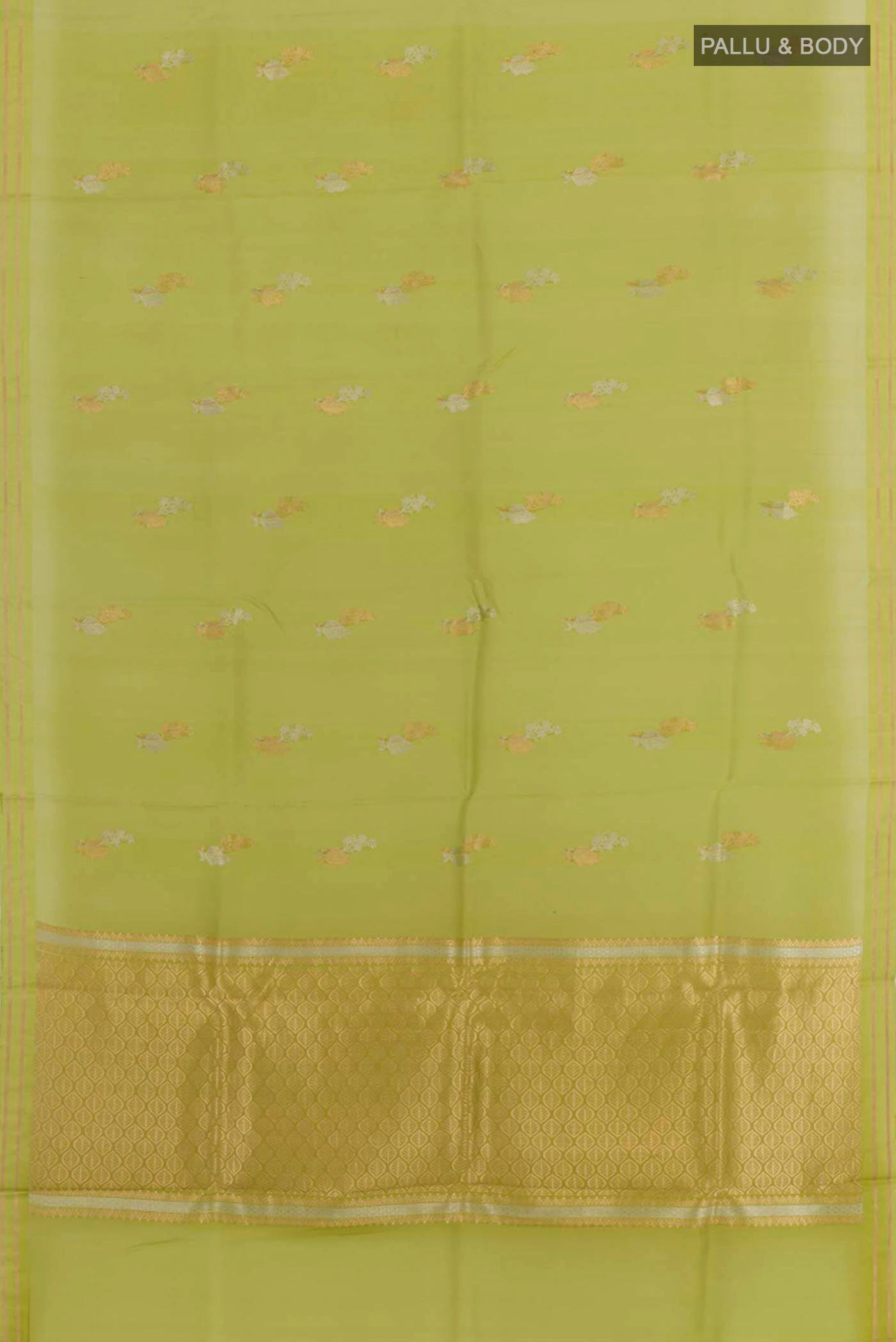 Flat view of Green Banarasi Kora Silk Saree with Zari Butta on the body and Zari Border. 