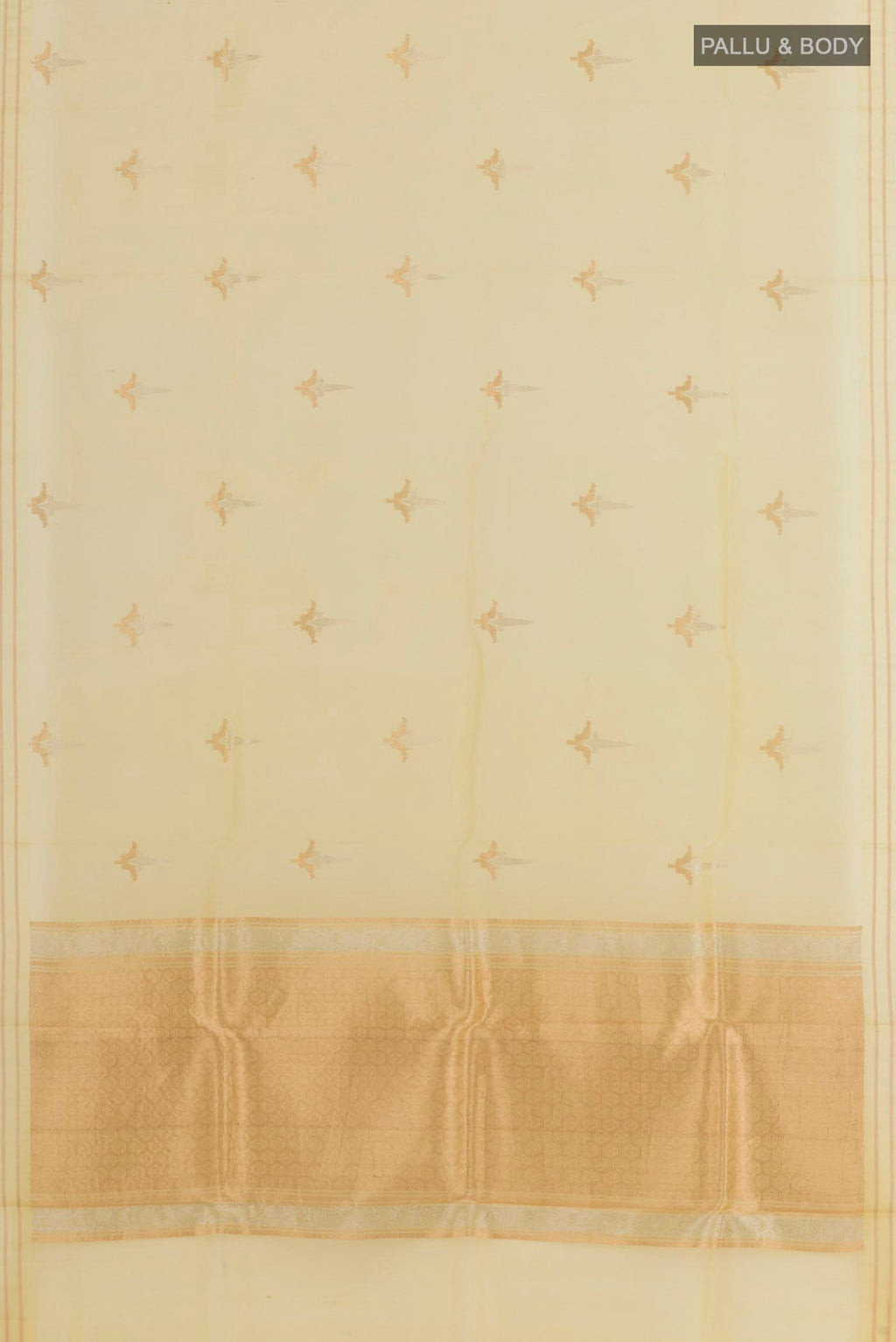 Flat view of Lemon Yellow Banarasi Kora Silk Saree with Zari Butta on the body and Zari Border. 