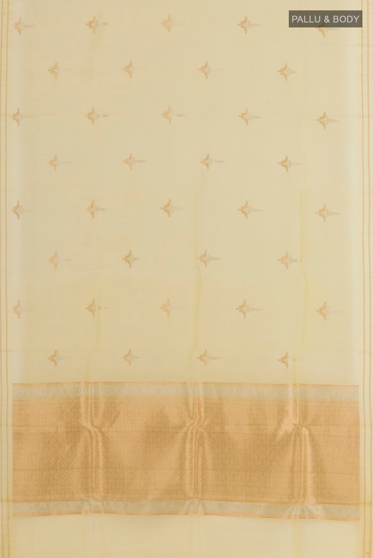 Flat view of Lemon Yellow Banarasi Kora Silk Saree with Zari Butta on the body and Zari Border. 