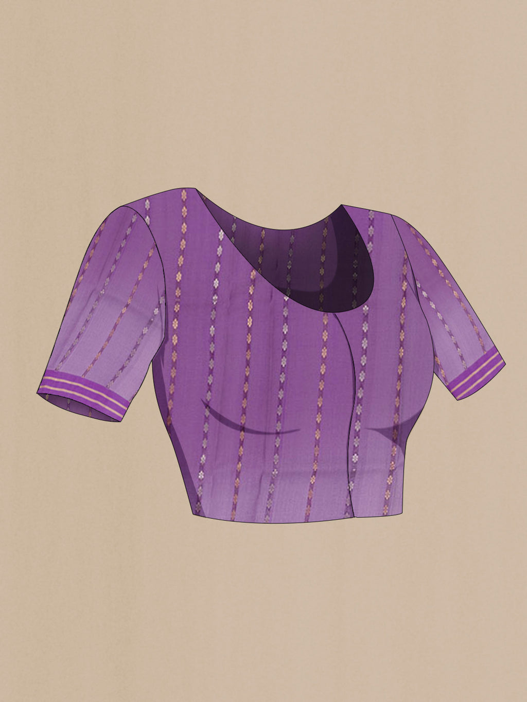 Close up image of the blouse of Purple Banarasi Kora Silk Saree with Zari Butta on the body and Zari Border. 