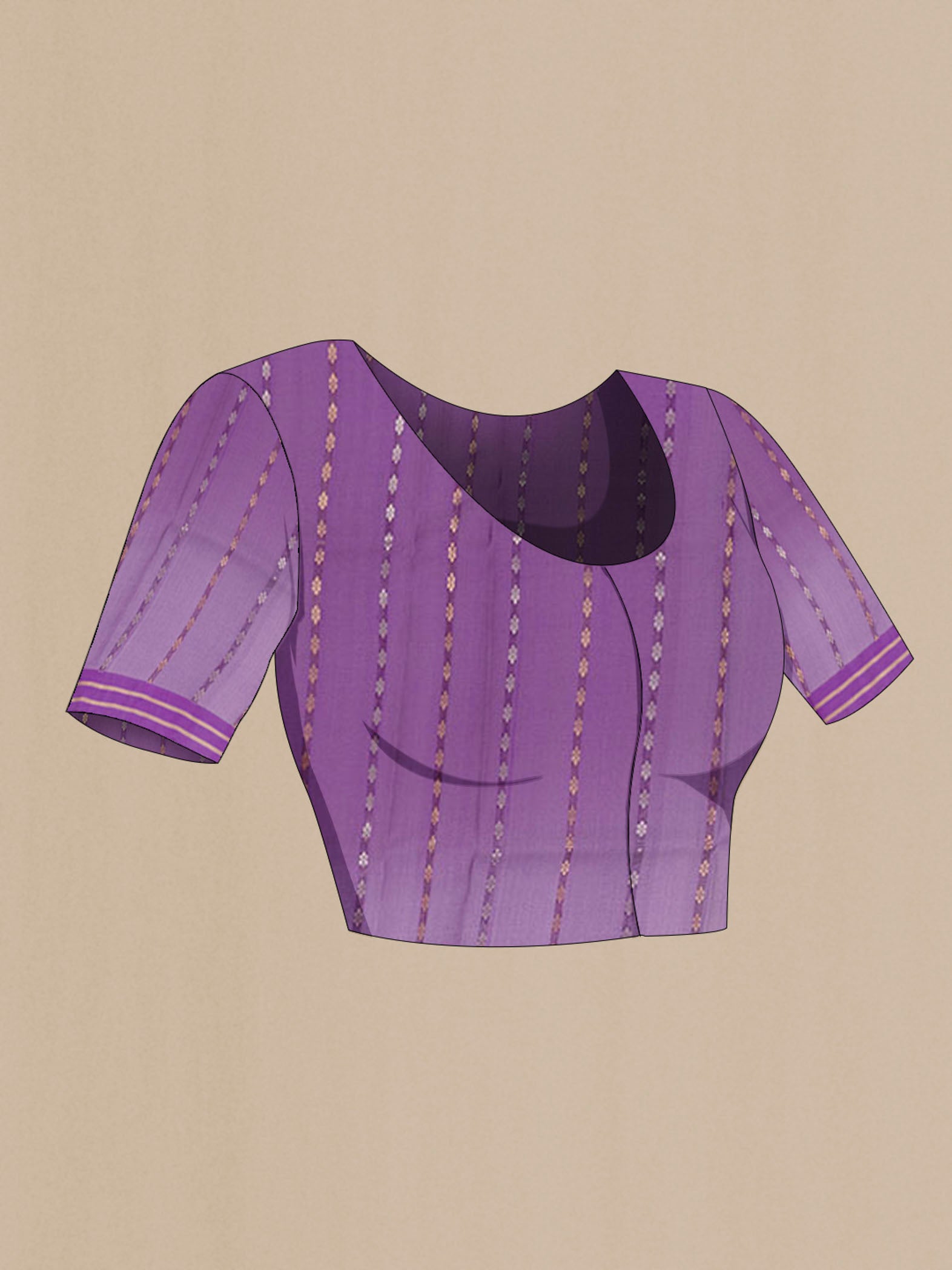 Close up image of the blouse of Purple Banarasi Kora Silk Saree with Zari Butta on the body and Zari Border. 