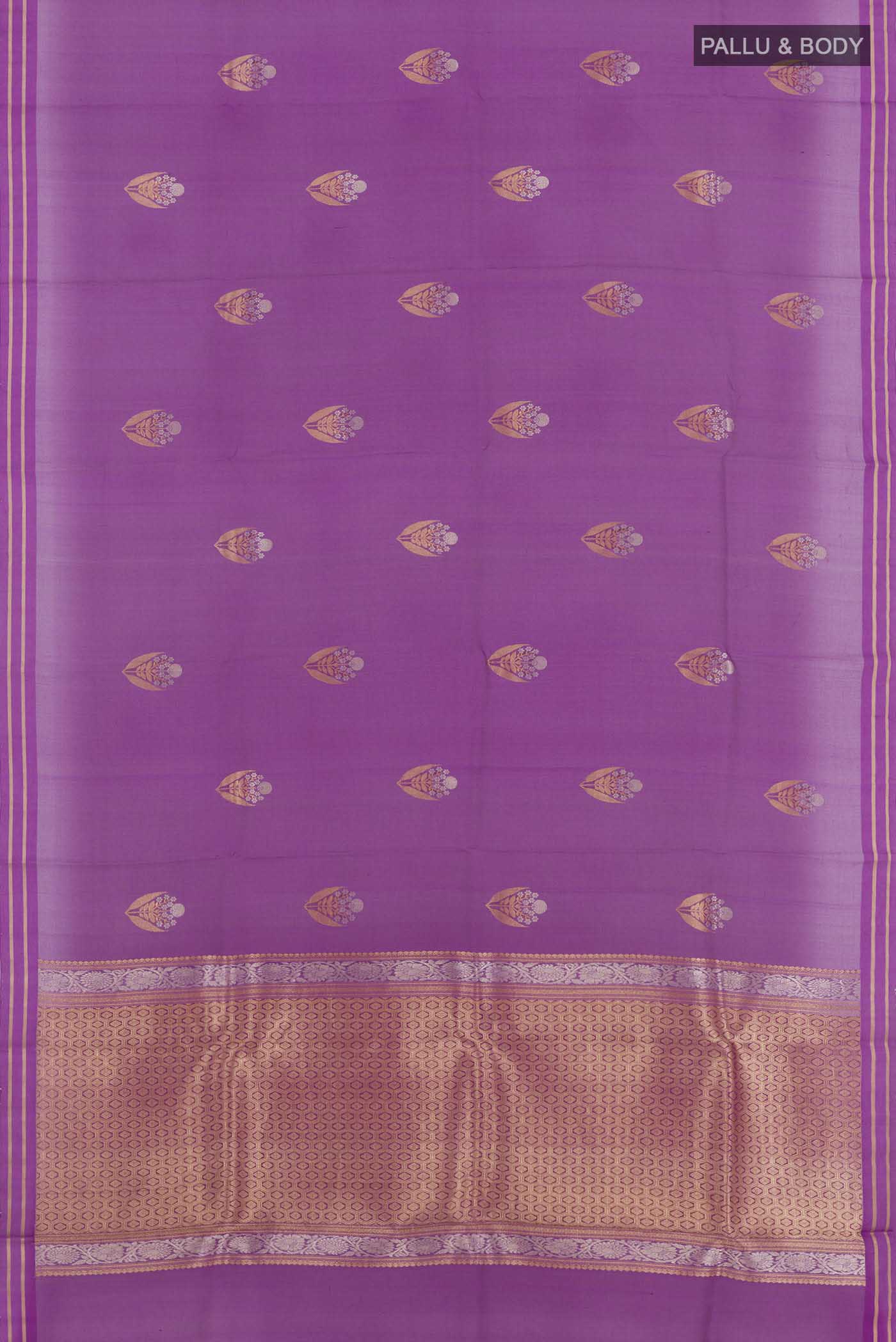 Flat view of Purple Banarasi Kora Silk Saree with Zari Butta on the body and Zari Border. 