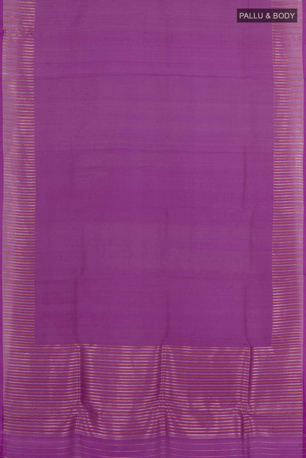 Flat view of Purple Banarasi Kora Silk Saree with Zari Butta on the body and Zari Border. 