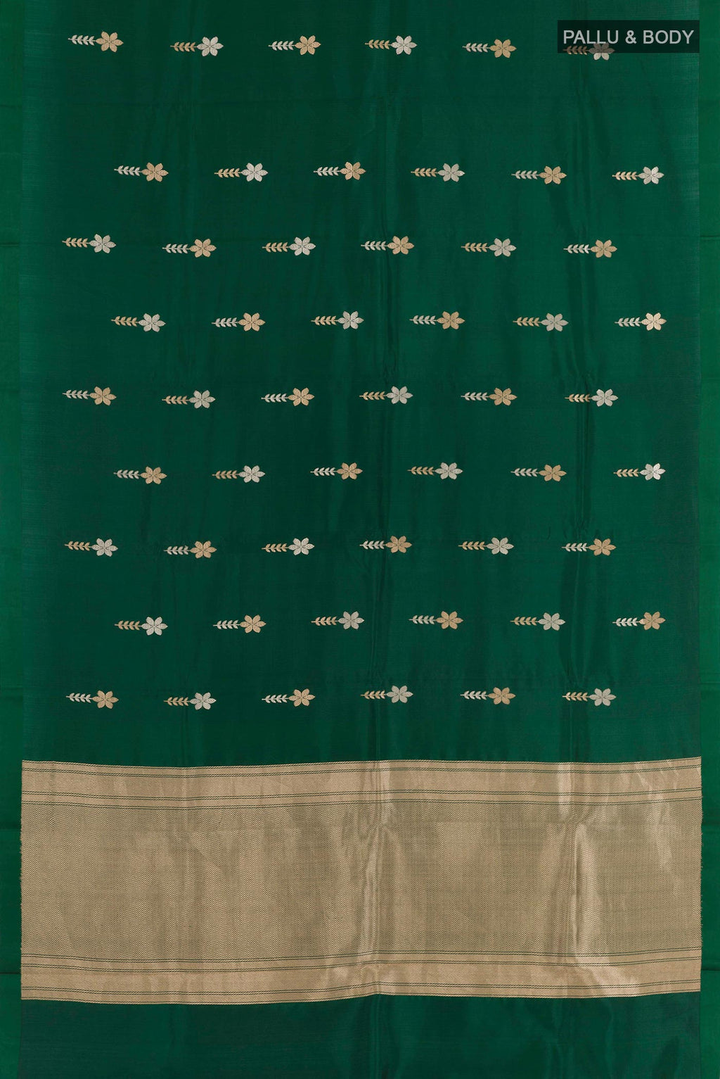 Flat view of Green Banarasi Katan Silk Saree with Zari Butta on the body and Plain Border. 