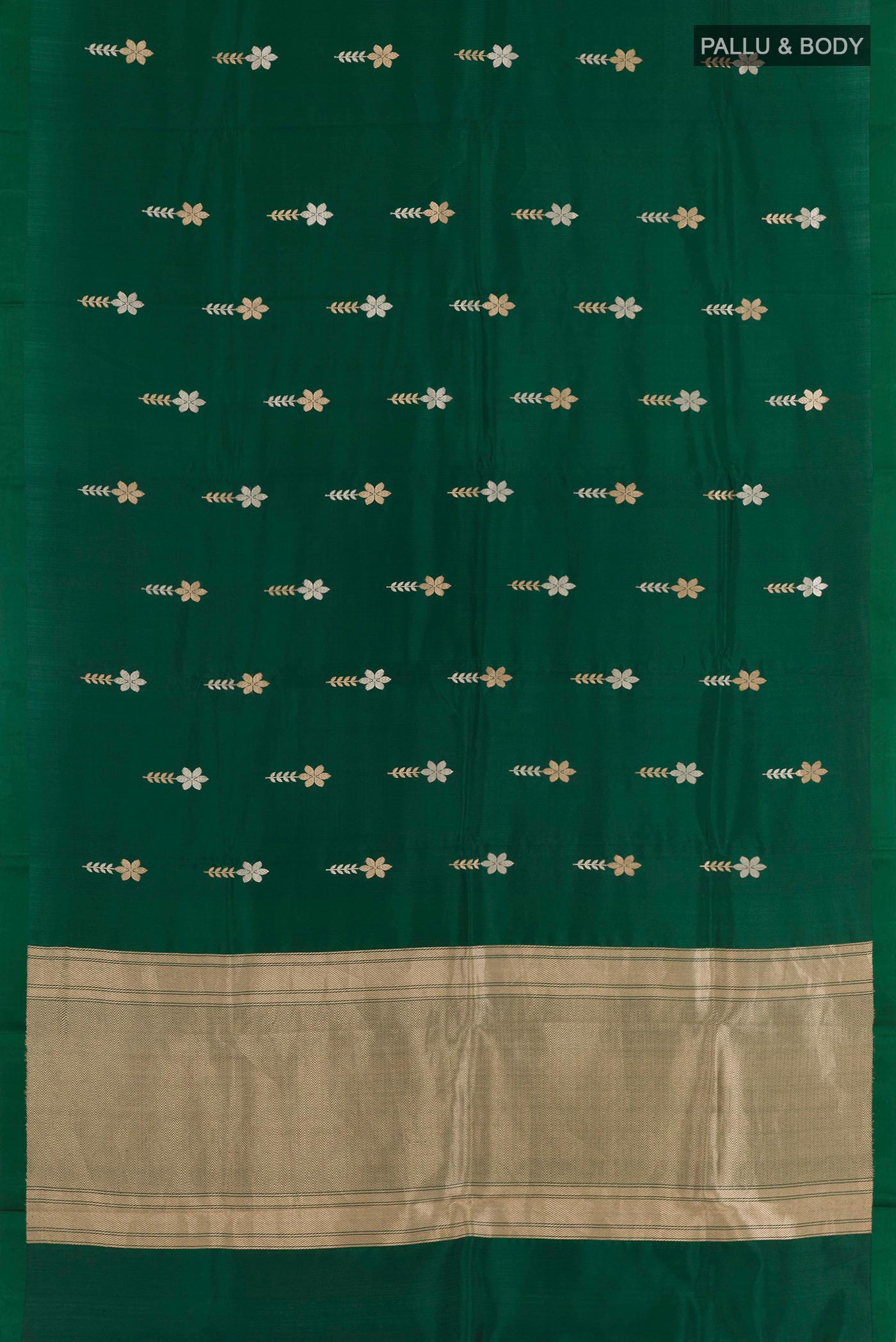 Flat view of Green Banarasi Katan Silk Saree with Zari Butta on the body and Plain Border. 