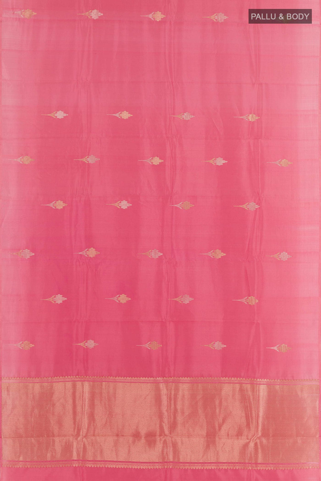 Flat view of Pink Banarasi Katan Silk Saree with Zari Butta on the body and Plain Border. 