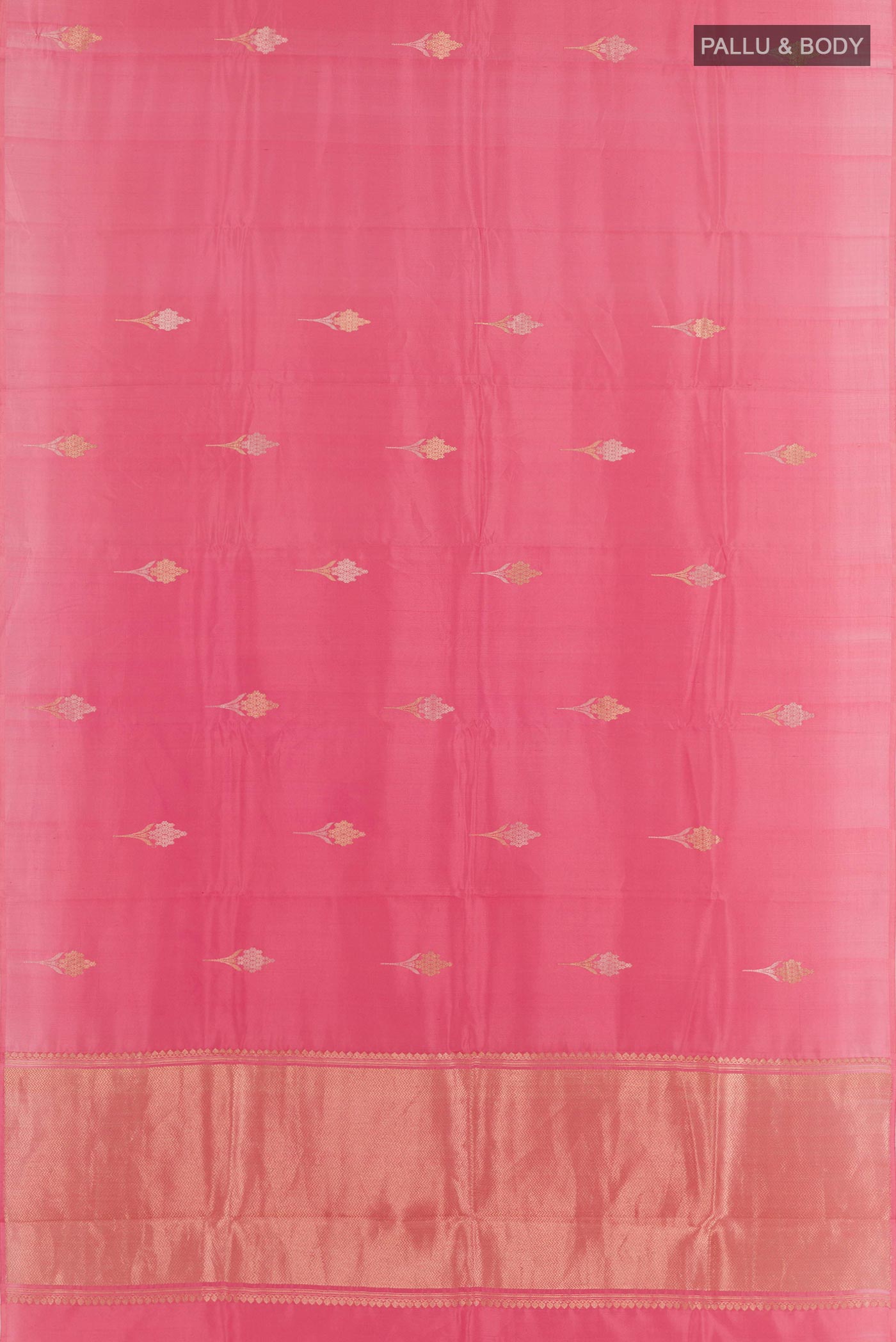 Flat view of Pink Banarasi Katan Silk Saree with Zari Butta on the body and Plain Border. 