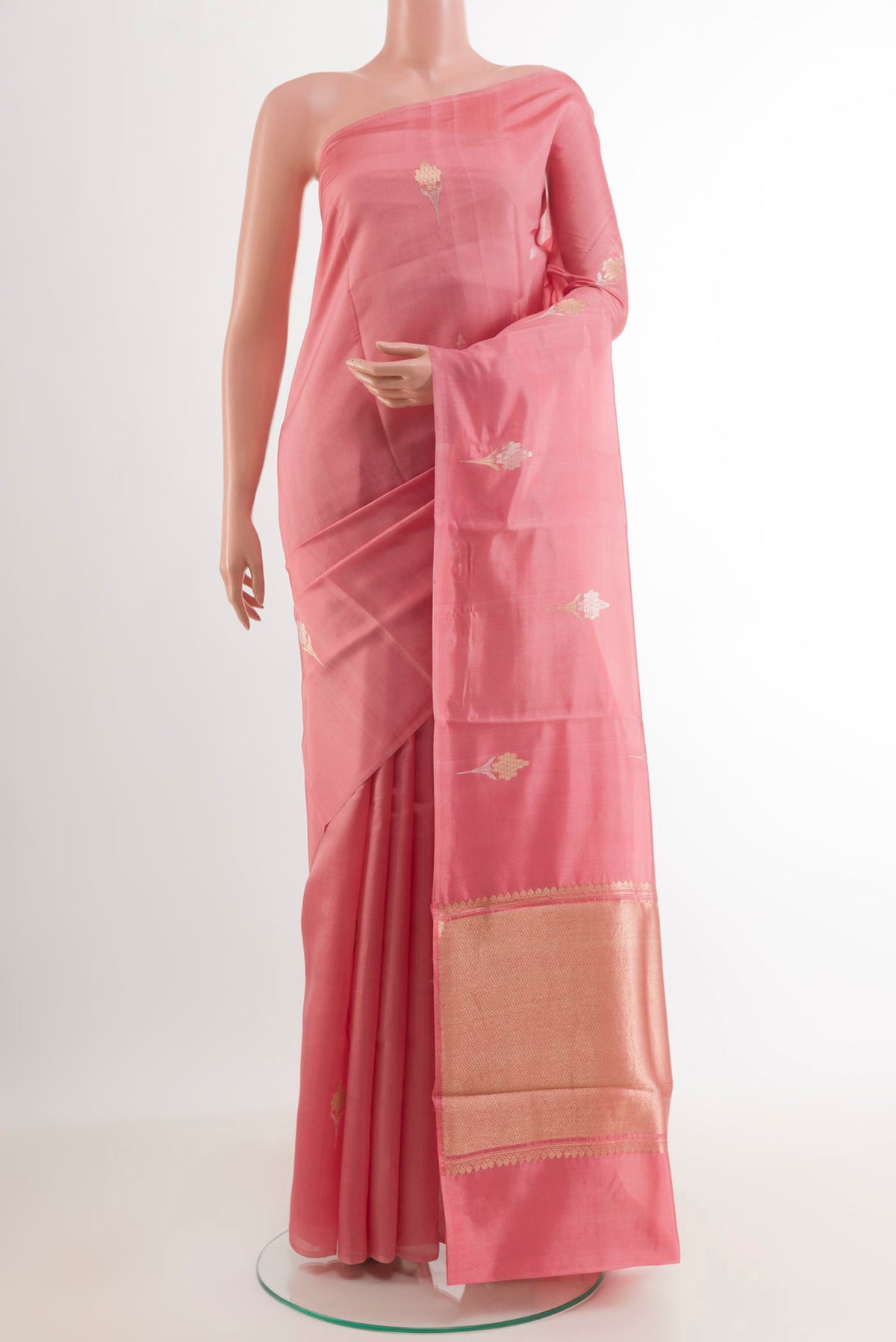 Pink Banarasi Katan Silk Saree with Zari Butta on the body and Zari Border.  displayed on a mannequin