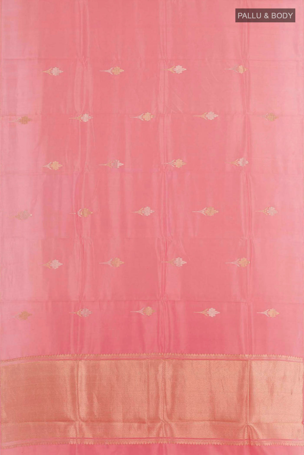 Flat view of Pink Banarasi Katan Silk Saree with Zari Butta on the body and Zari Border. 