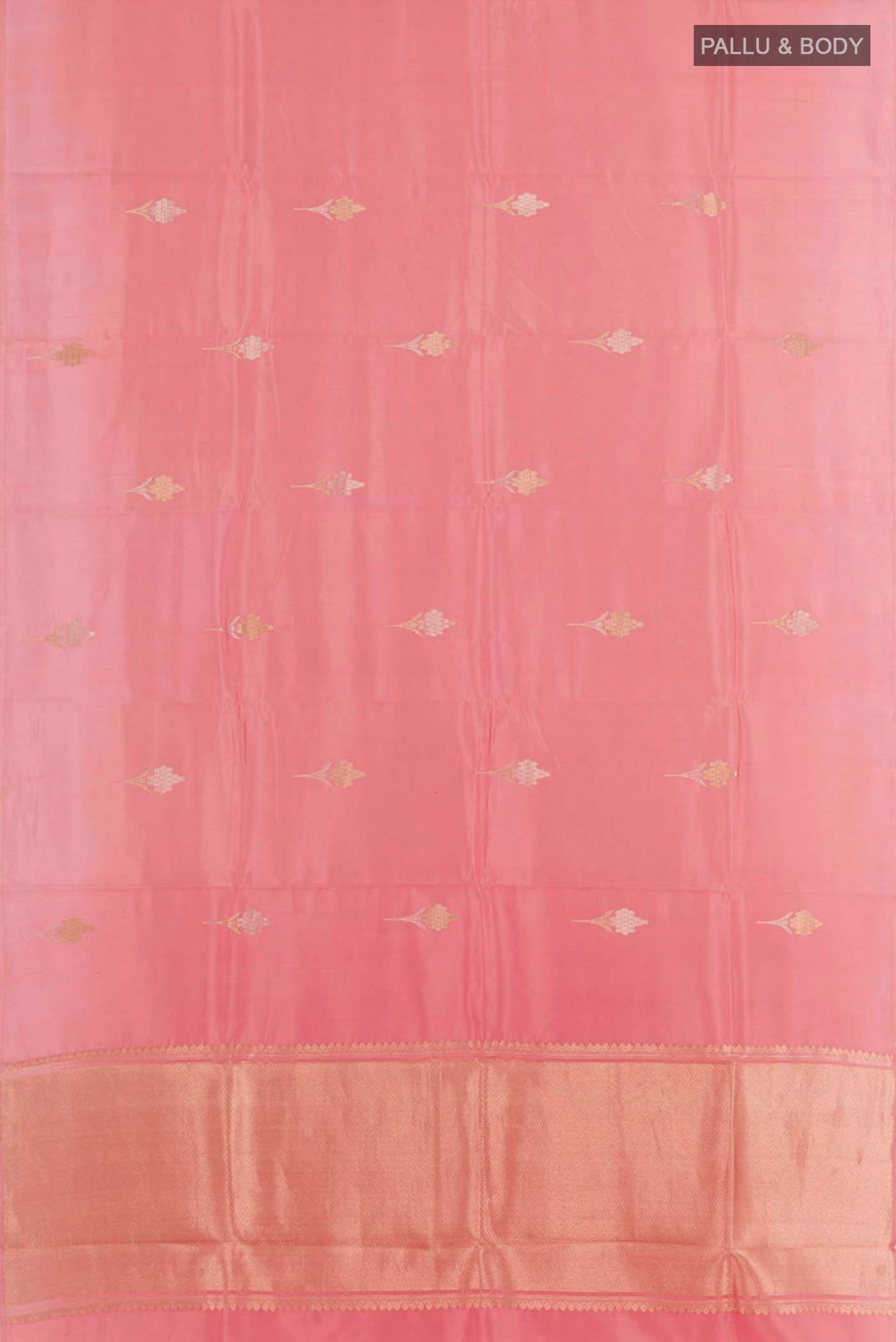 Flat view of Pink Banarasi Katan Silk Saree with Zari Butta on the body and Zari Border. 