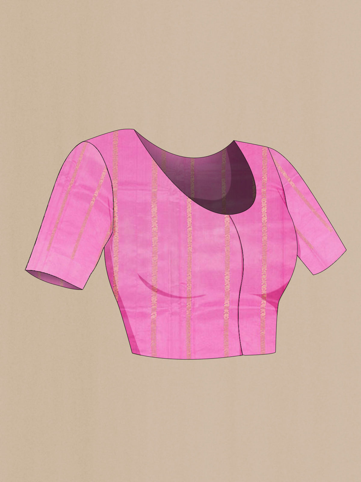 Close up image of the blouse of Pink Banarasi Katan Silk Saree with Zari Butta on the body and Zari Border. 
