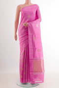 Pink Banarasi Katan Silk Saree with Zari Butta on the body and Zari Border.  displayed on a mannequin
